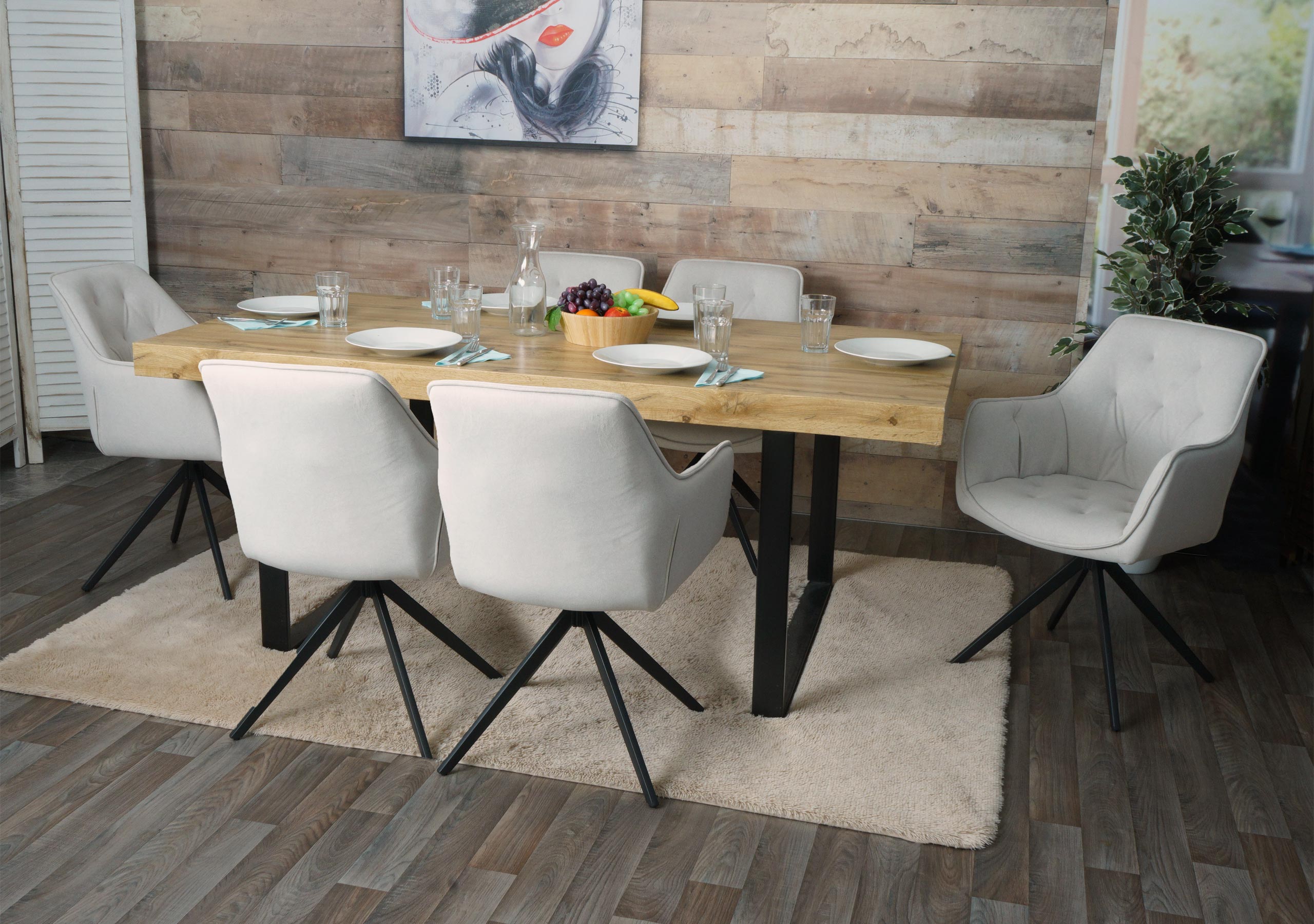 6er-Set Esszimmerstuhl MCW-L80, K&uuml;chenstuhl Polsterstuhl Stuhl mit Armlehne, drehbar, Metall Stoff/Textil ~ creme-beige - Bild 1