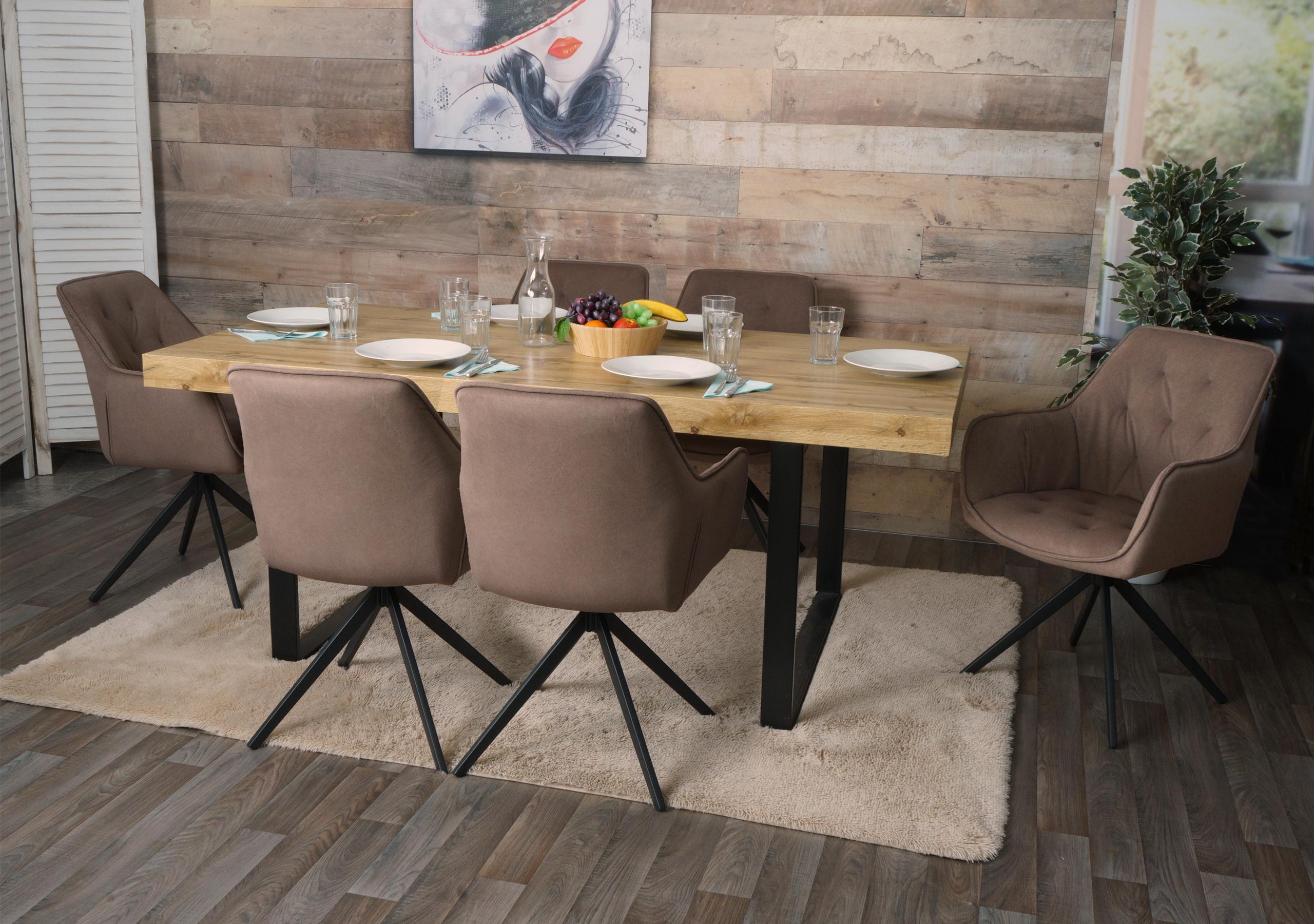 6er-Set Esszimmerstuhl MCW-L80, K&uuml;chenstuhl Polsterstuhl Stuhl mit Armlehne, drehbar, Metall Stoff/Textil ~ braun - Bild 1