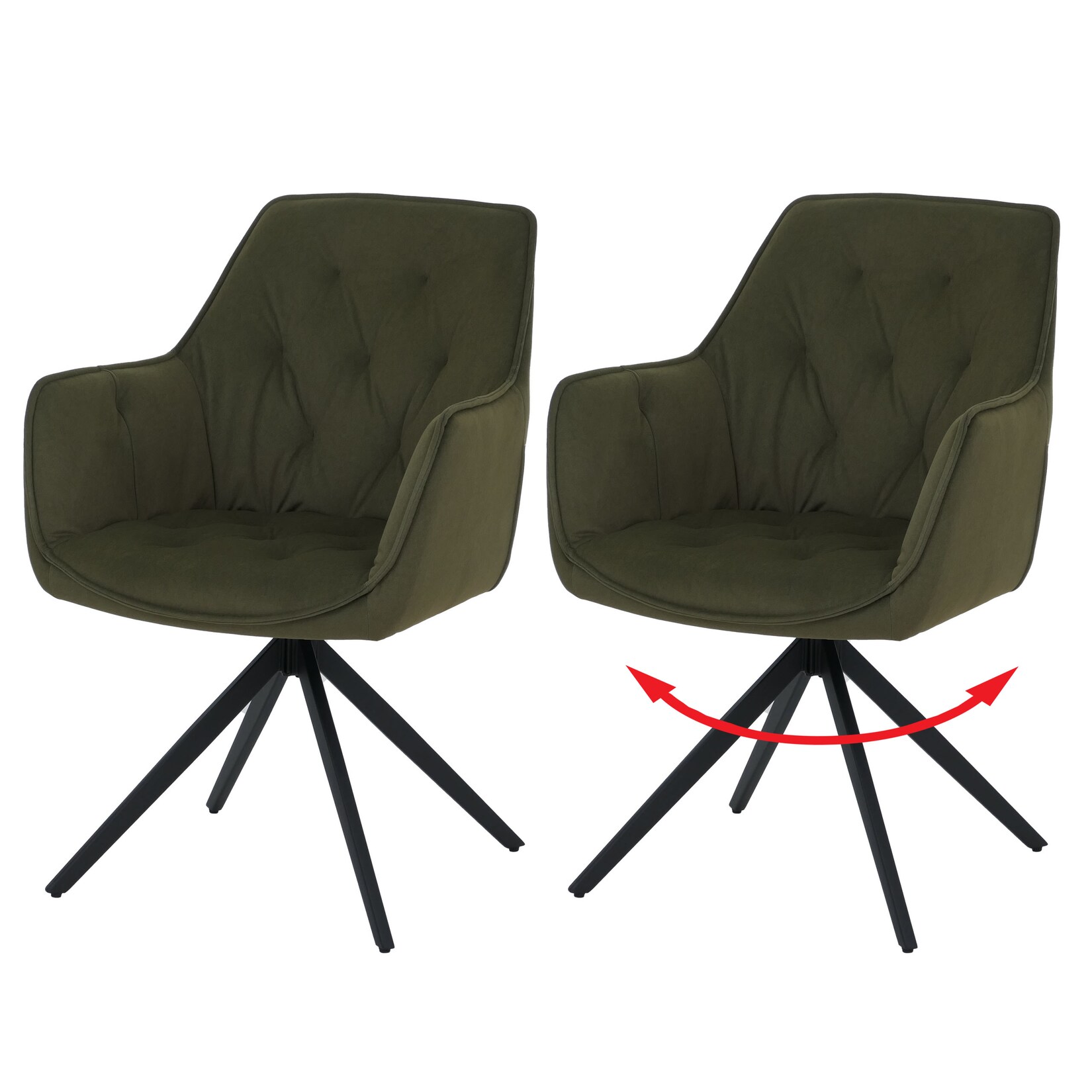 2er-Set Esszimmerstuhl MCW-L80, Küchenstuhl Polsterstuhl Stuhl mit Armlehne, drehbar, Metall Stoff/Textil ~ grün