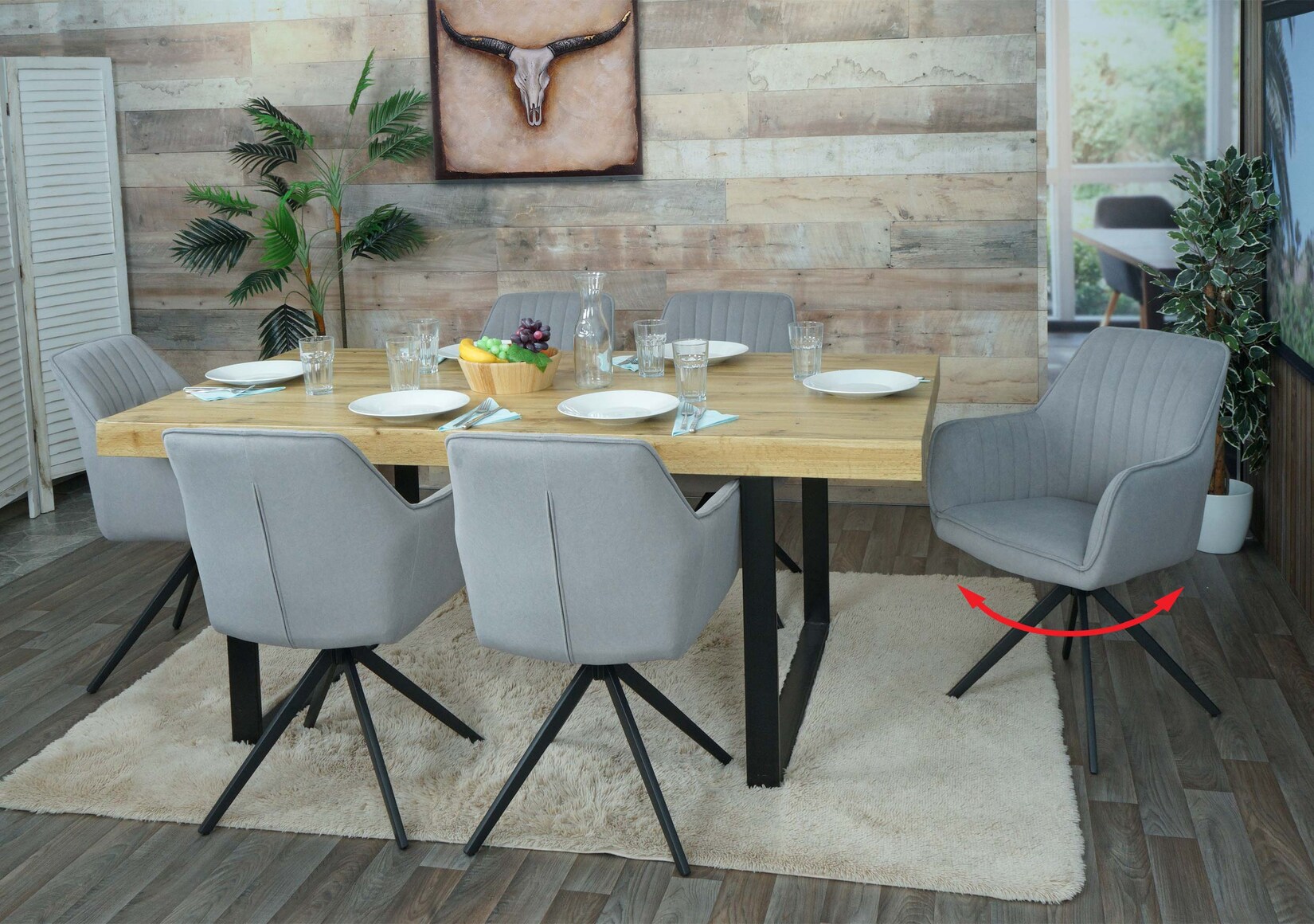 6er-Set Esszimmerstuhl MCW-L79, Küchenstuhl Lehnstuhl Stuhl Armlehnen, drehbar Auto-Position Stoff/Textil ~ hellgrau | 04057651616261