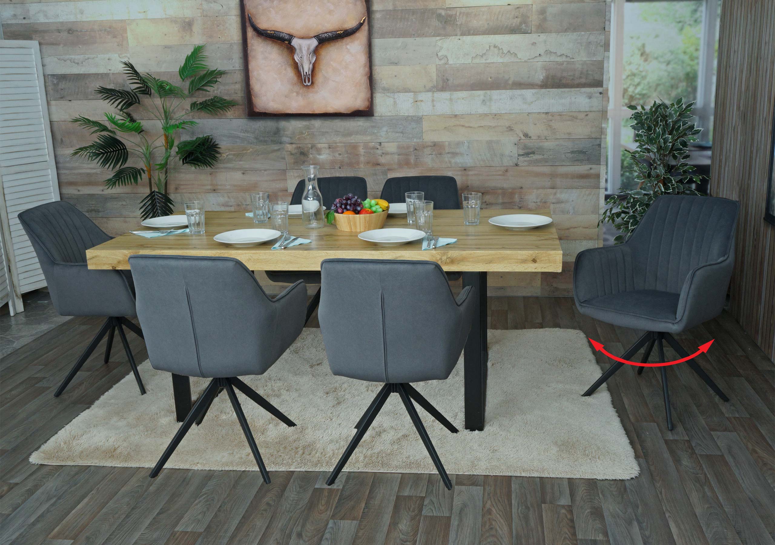 6er-Set Esszimmerstuhl MCW-L79, K&uuml;chenstuhl Lehnstuhl Stuhl Armlehnen, drehbar Auto-Position Stoff/Textil ~ anthrazit - Bild 1