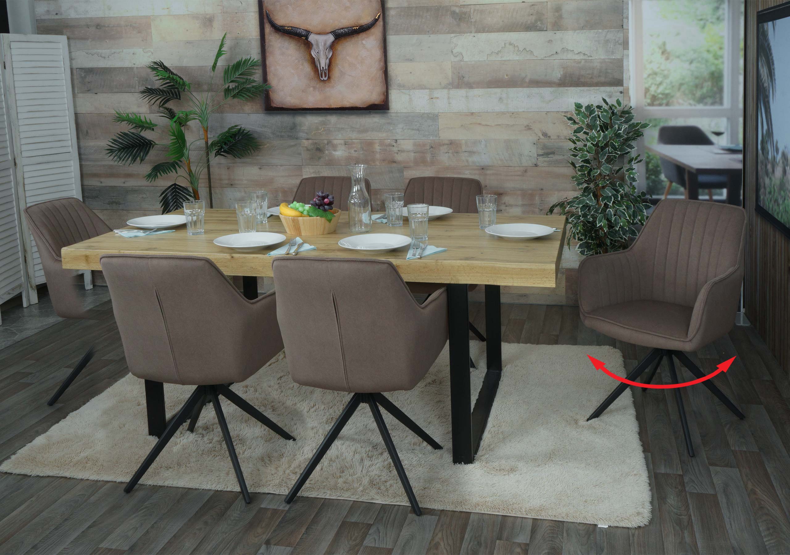 6er-Set Esszimmerstuhl MCW-L79, K&uuml;chenstuhl Lehnstuhl Stuhl Armlehnen, drehbar Auto-Position Stoff/Textil ~ braun - Bild 1