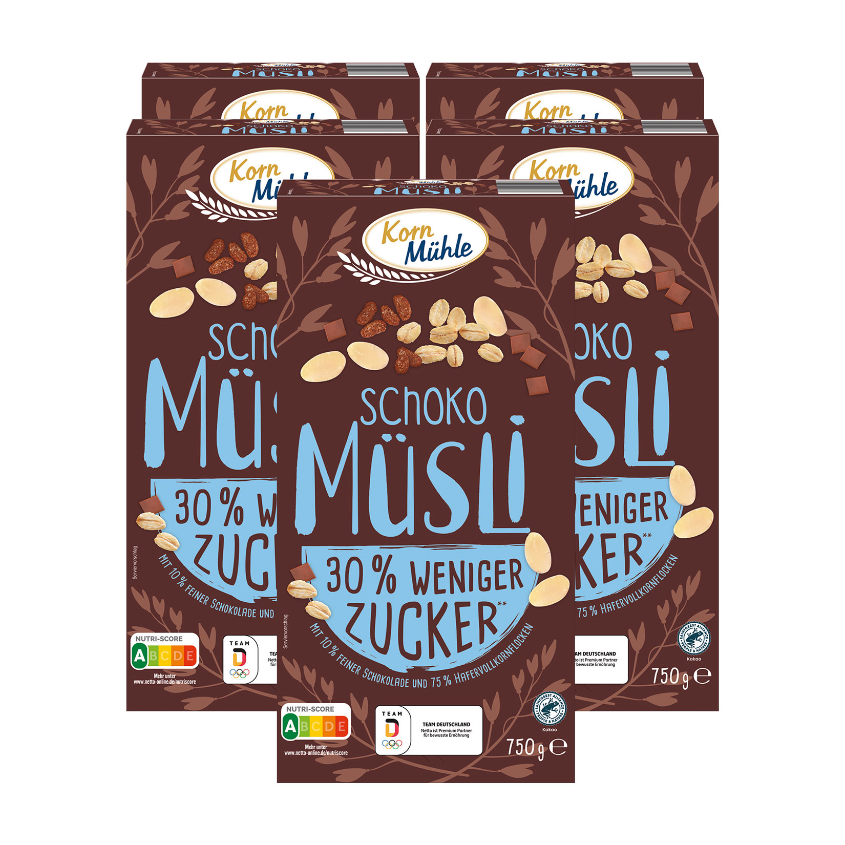 Kornm&uuml;hle Schoko M&uuml;sli weniger s&uuml;&szlig; 750 g, 5er Pack - Bild 1