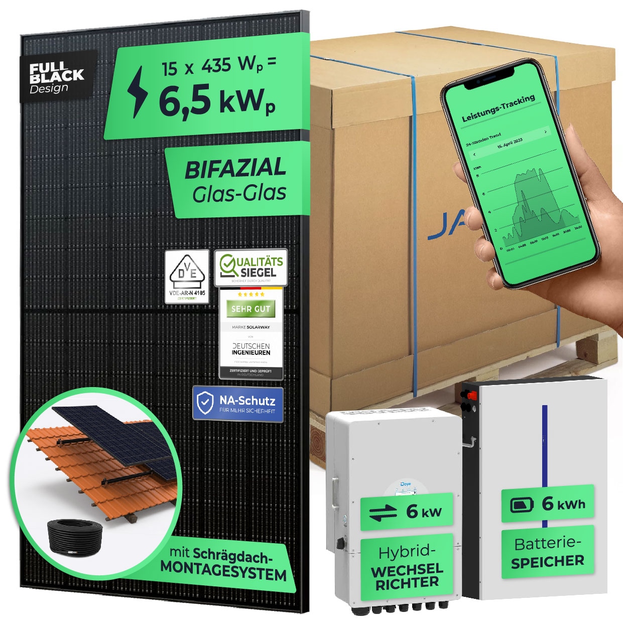 SOLARWAY 6,5kW Solaranlage mit Speicher | Deye 6 kW | Bifazial inkl. Montagesystem, App & WiFi - Bild 1