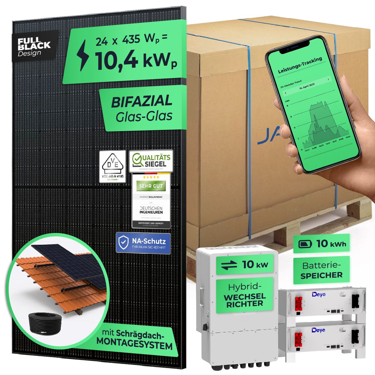 SOLARWAY 10,4kW Solaranlage mit Speicher   Deye 10 kW   Bifazial inkl. Montagesystem, App & WiFi