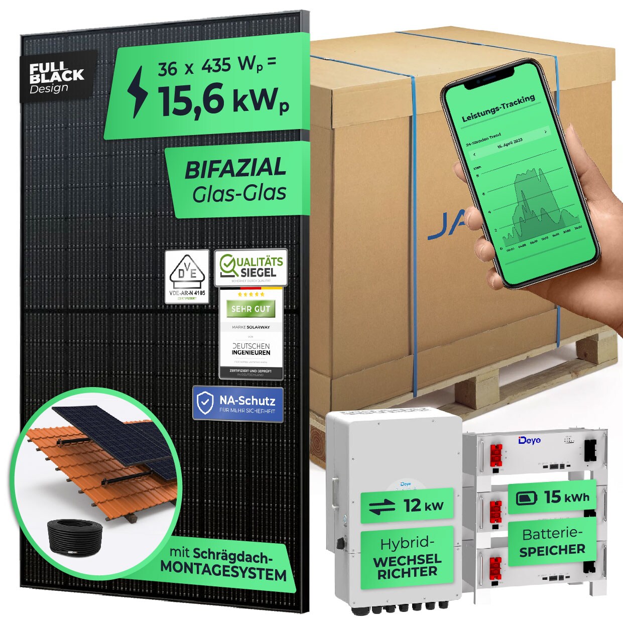 SOLARWAY 15,6kW Solaranlage mit Speicher   Deye 12 kW   Bifazial inkl. Montagesystem, App & WiFi