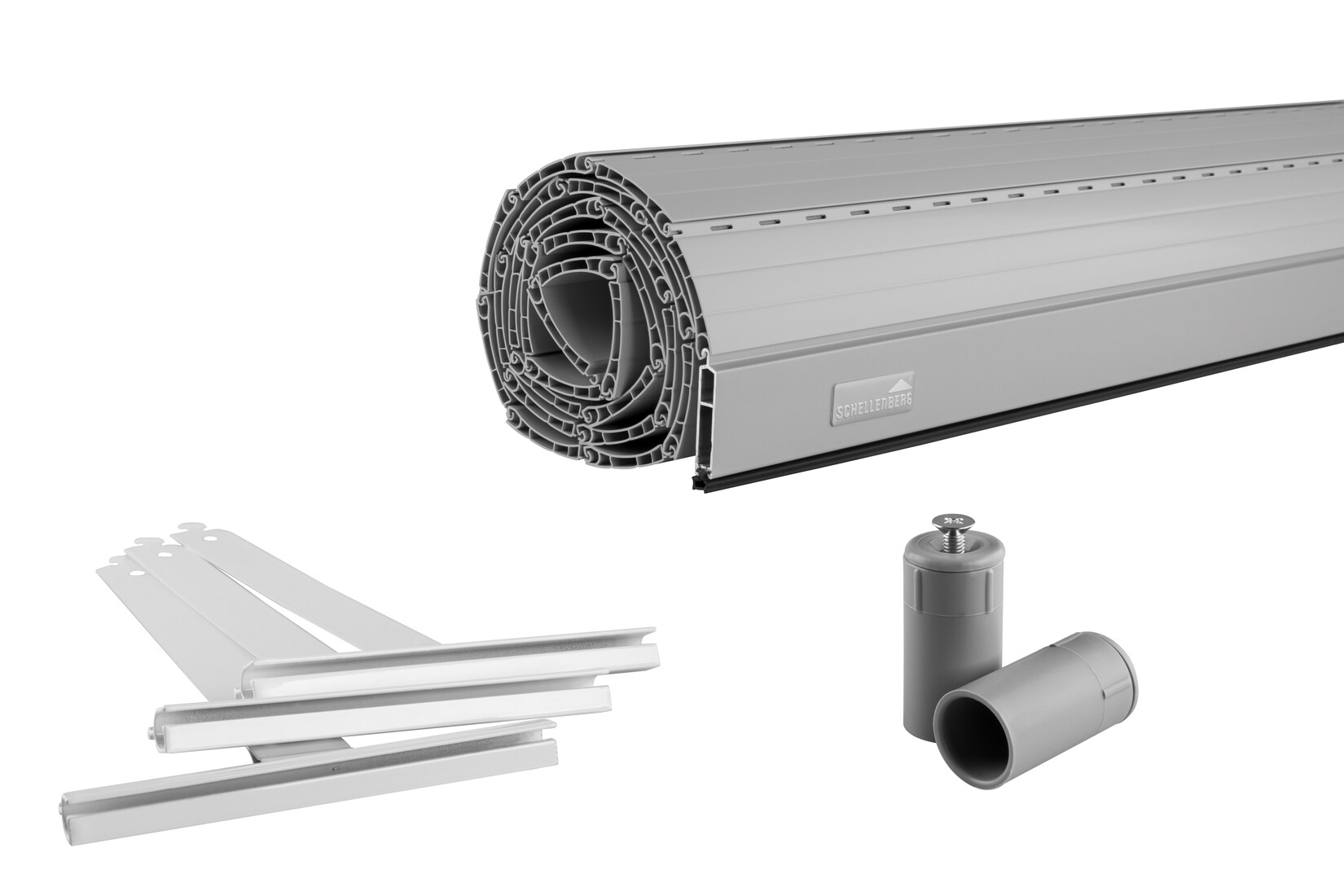 Schellenberg Rolladenpanzer Set PVC Mini, 110 x 130 cm, für 40 mm Stahlrohrwellen, inklusive Rolladen Aufhängefeder, Alu-Endleiste, Rolladenstopper, grau