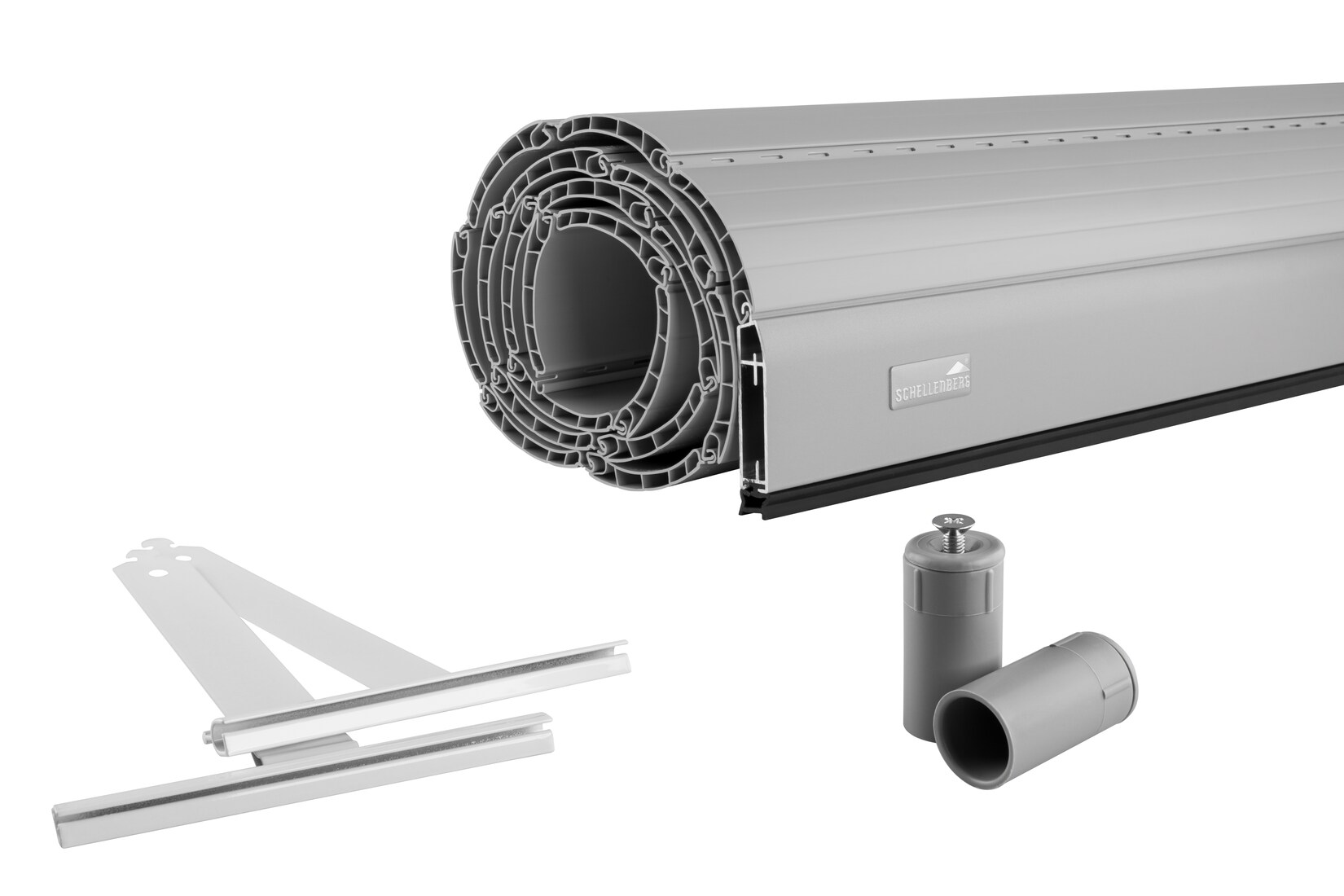 Schellenberg Rolladenpanzer Set PVC Maxi, 100 x 220 cm, für 60 mm Stahlrohrwellen, inklusive Rolladen Aufhängefeder, Alu-Endleiste, Rolladenstopper, grau