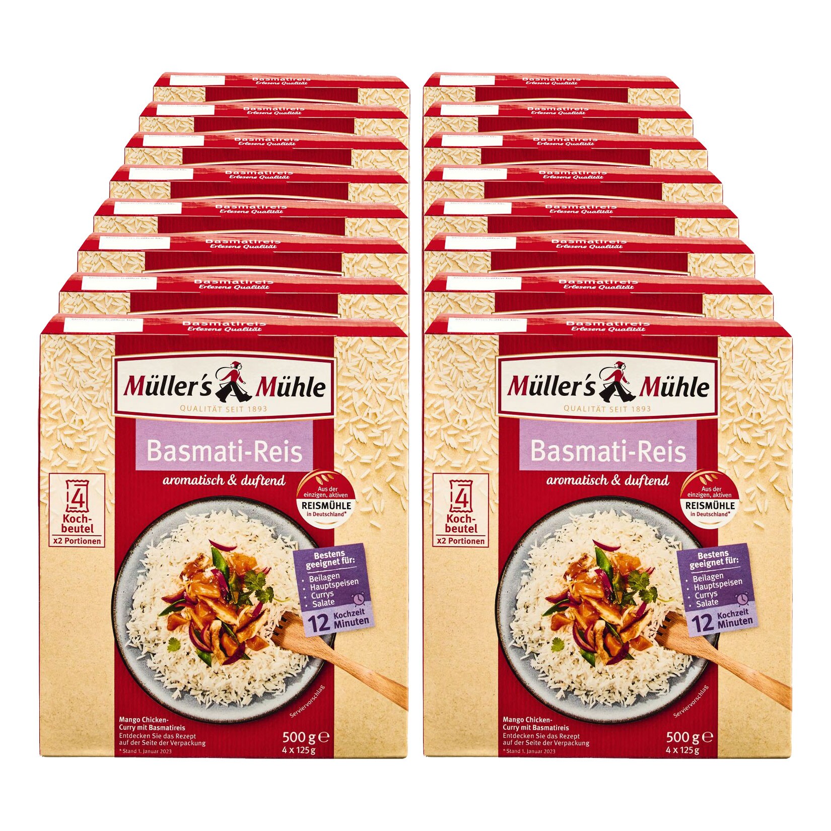 M&uuml;ller's M&uuml;hle Basmati Reis Kochbeutel 500 g, 16er Pack - Bild 1