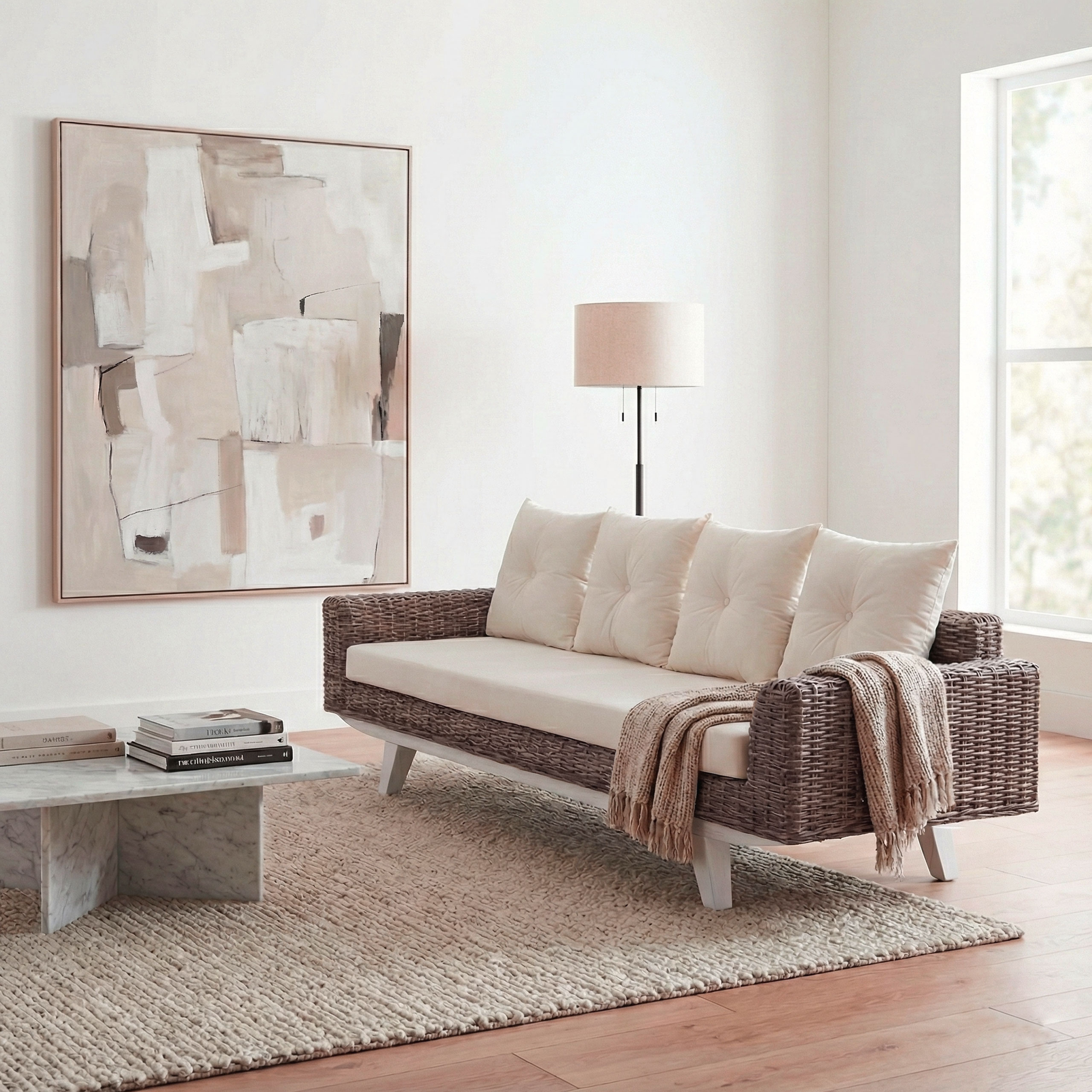 Sofa MCW-M32, 4-Sitzer Couch Rattansofa Loungesofa mit Kissen, 209cm Kubu Rattan natur Stoff/Textil Polster creme - Bild 1