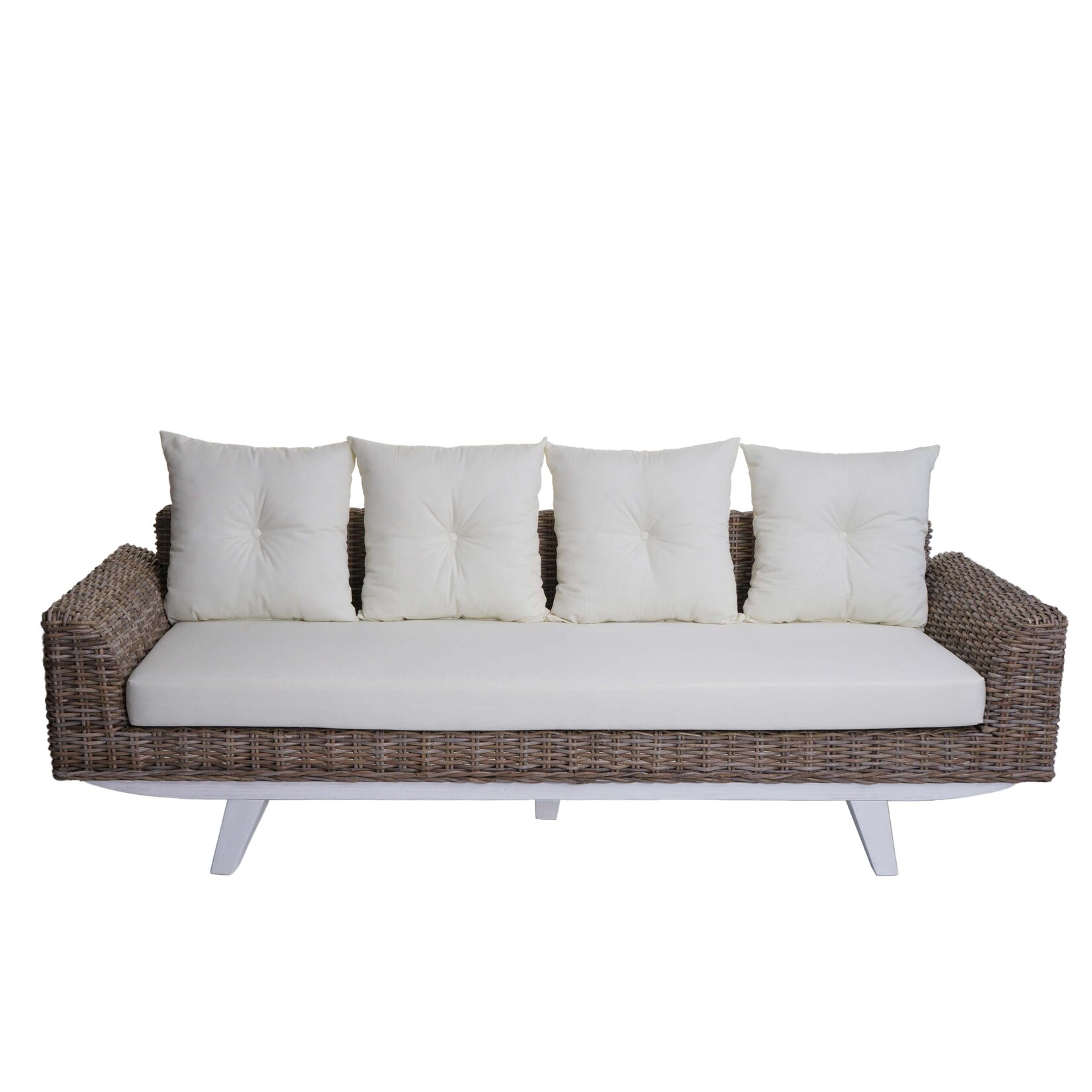 Sofa MCW-M32, 4-Sitzer Couch Rattansofa Loungesofa mit Kissen, 209cm Kubu Rattan natur Stoff/Textil Polster creme | 04057651619392