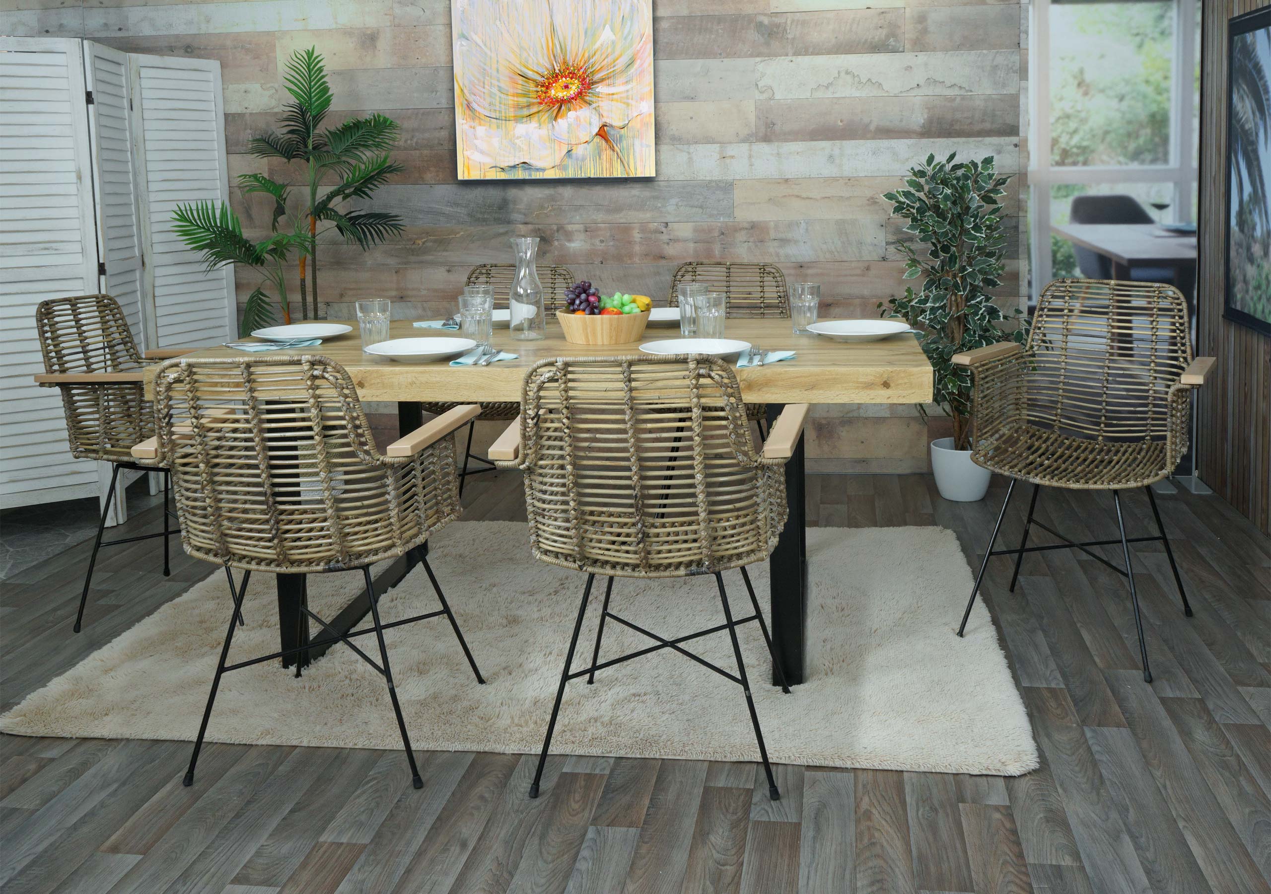 6er-Set Esszimmerstuhl MCW-M29, K&uuml;chenstuhl Korbstuhl Rattanstuhl Stuhl mit Armlehnen, Kubu Rattan Holz Metall - Bild 1