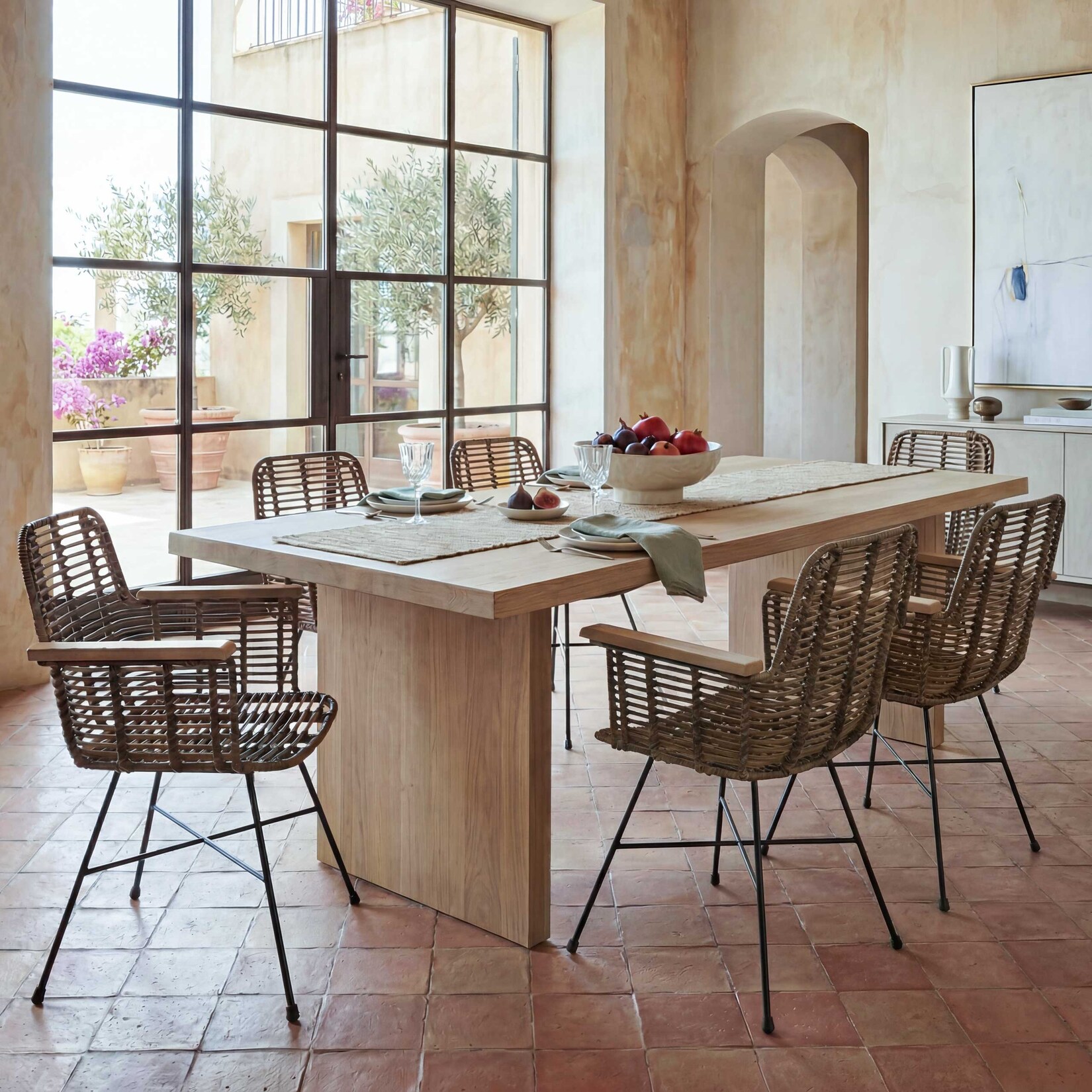 6er-Set Esszimmerstuhl MCW-M29, Küchenstuhl Korbstuhl Rattanstuhl Stuhl mit Armlehnen, Kubu Rattan Holz Metall | 04057651619095