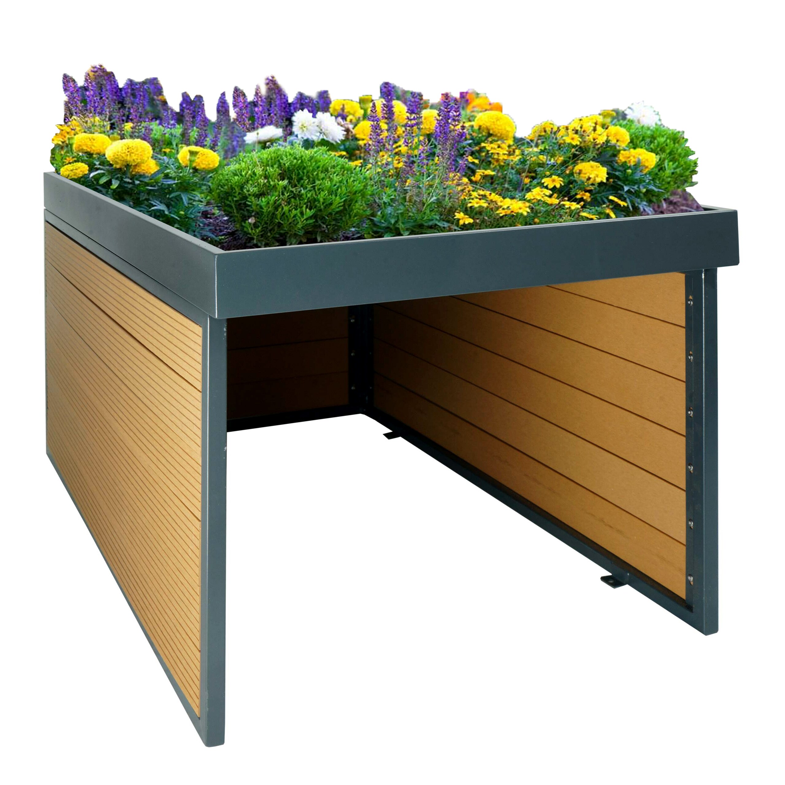 XL M&auml;hroboter-Garage mit Pflanzkasten MCW-L45, Dach Unterstand f&uuml;r Rasenm&auml;her, WPC Metall 47x70x94cm ~ Eiche-Optik - Bild 1