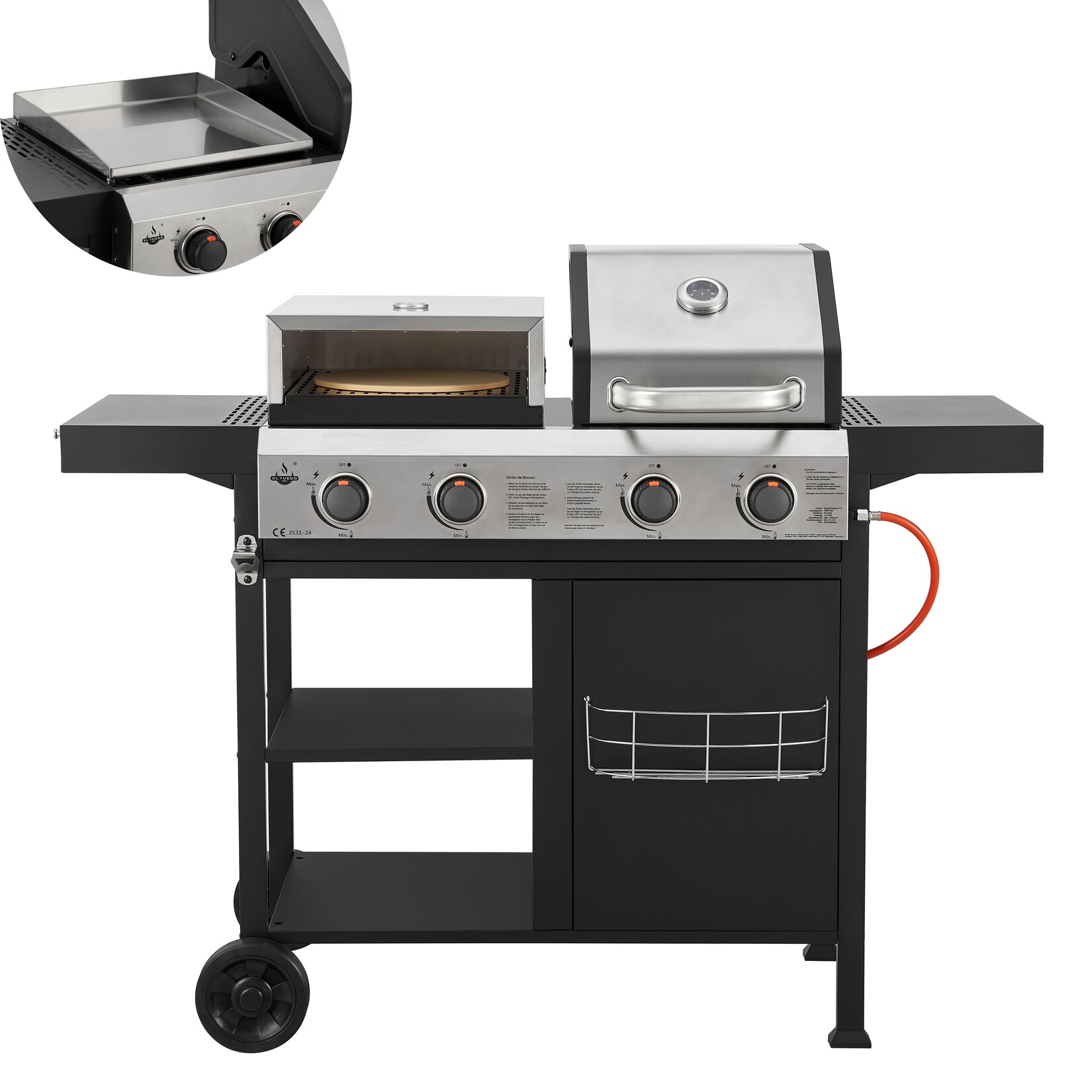 El Fuego® 3in1 Kombigrill „Boston“ Gasgrill, Pizzaofen und Edelstahl-Plancha | 04250373205335