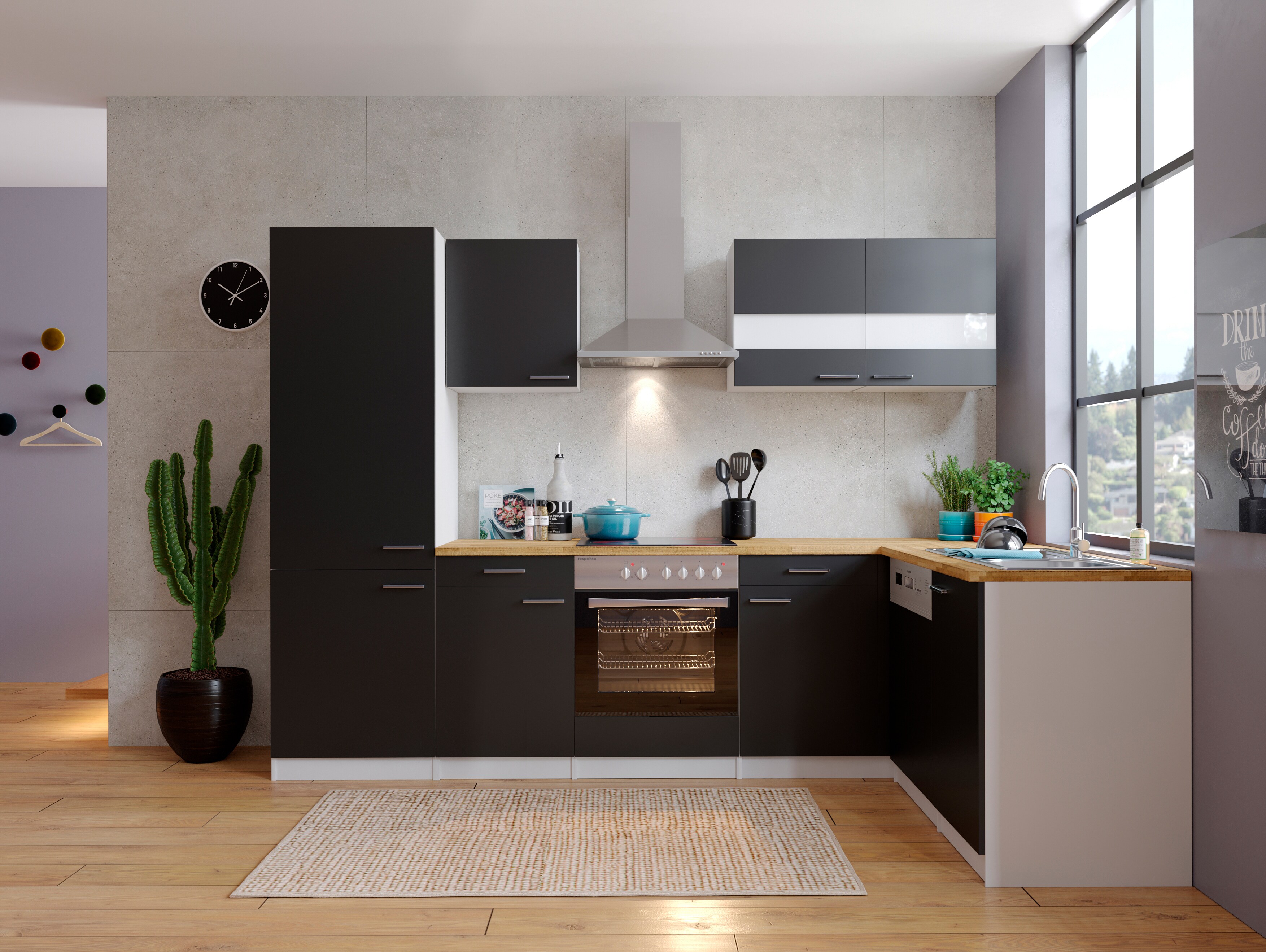 Respekta Winkelk&uuml;che mit K&uuml;hl-Gefrierkombination KBL280WSCGKEG 280 cm -schwarz - Bild 1