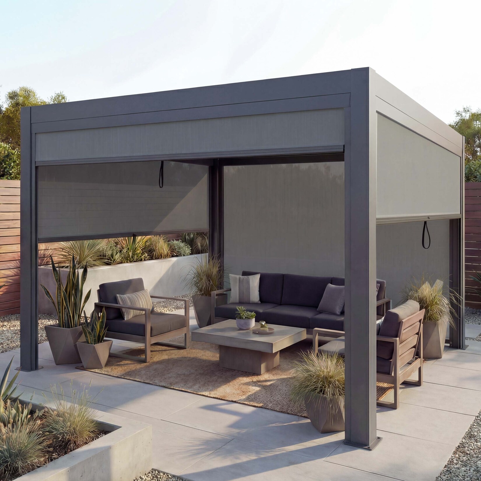 Pergola MCW-L46 mit Seitenwand, Gartenpavillon Lamellen-Pavillon Rollo, 10cm-Alu-Gestell, sturmfest 3x4m ~ anthrazit