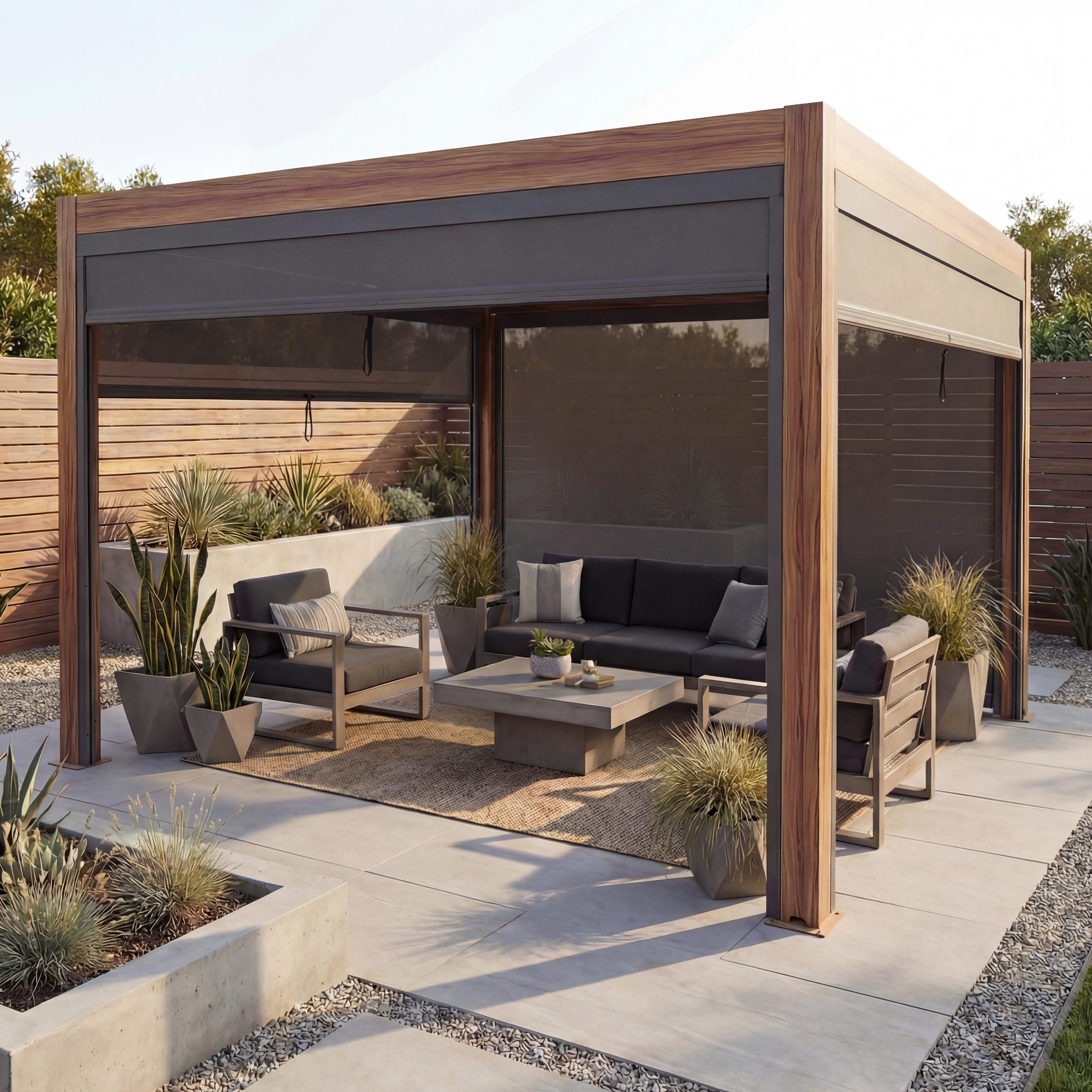 Pergola MCW-L46 mit Seitenwand, Lamellen-Pavillon Rollo, 10cm-Alu-Gestell, sturmfest 3x4m ~ Gestell Holzoptik, anthrazit - Bild 1