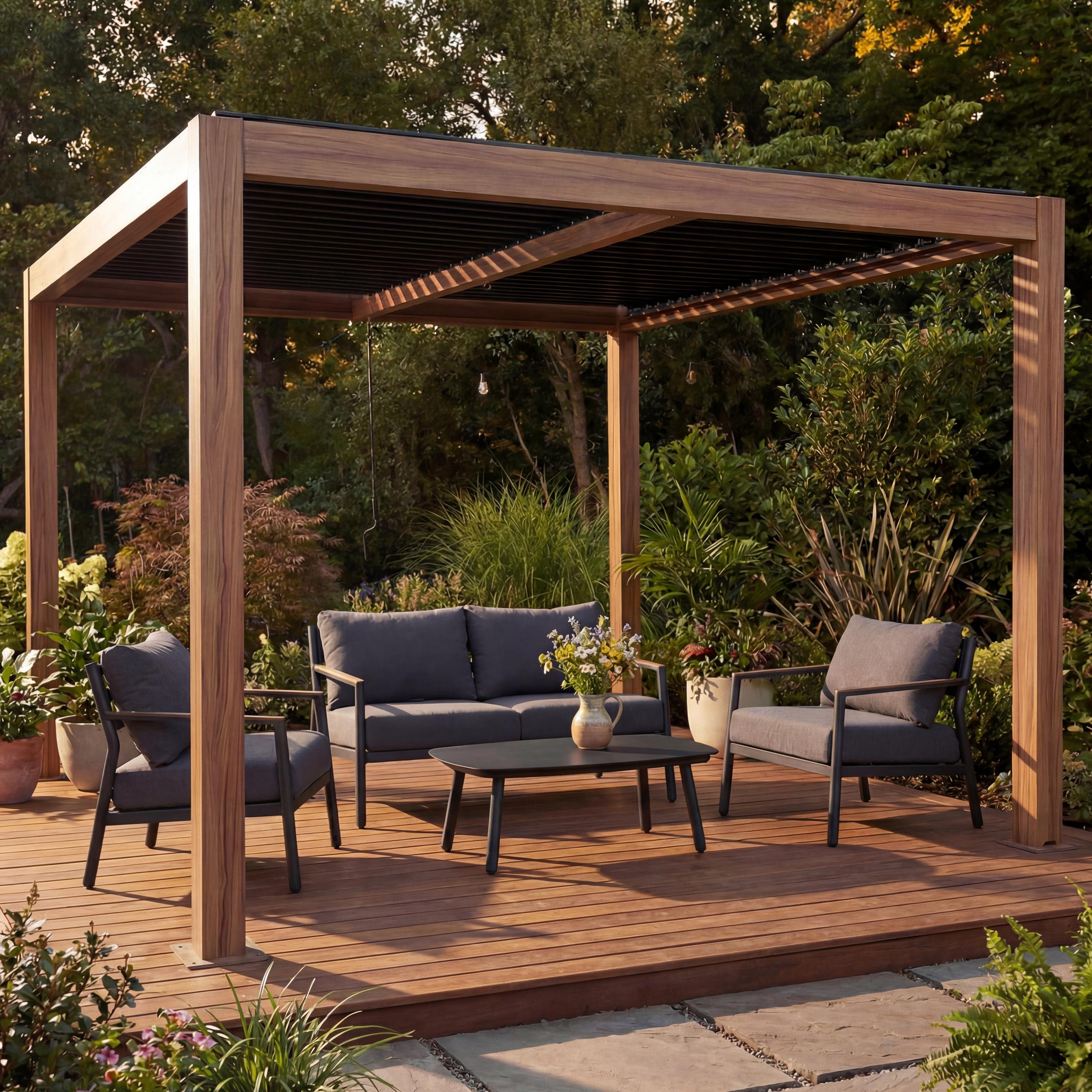 Pergola MCW-L46, Gartenpavillon Lamellen-Pavillon, 10cm-Aluminium-Gestell, Regenrinne sturmfest, 3x4m ~ Holzoptik - Bild 1