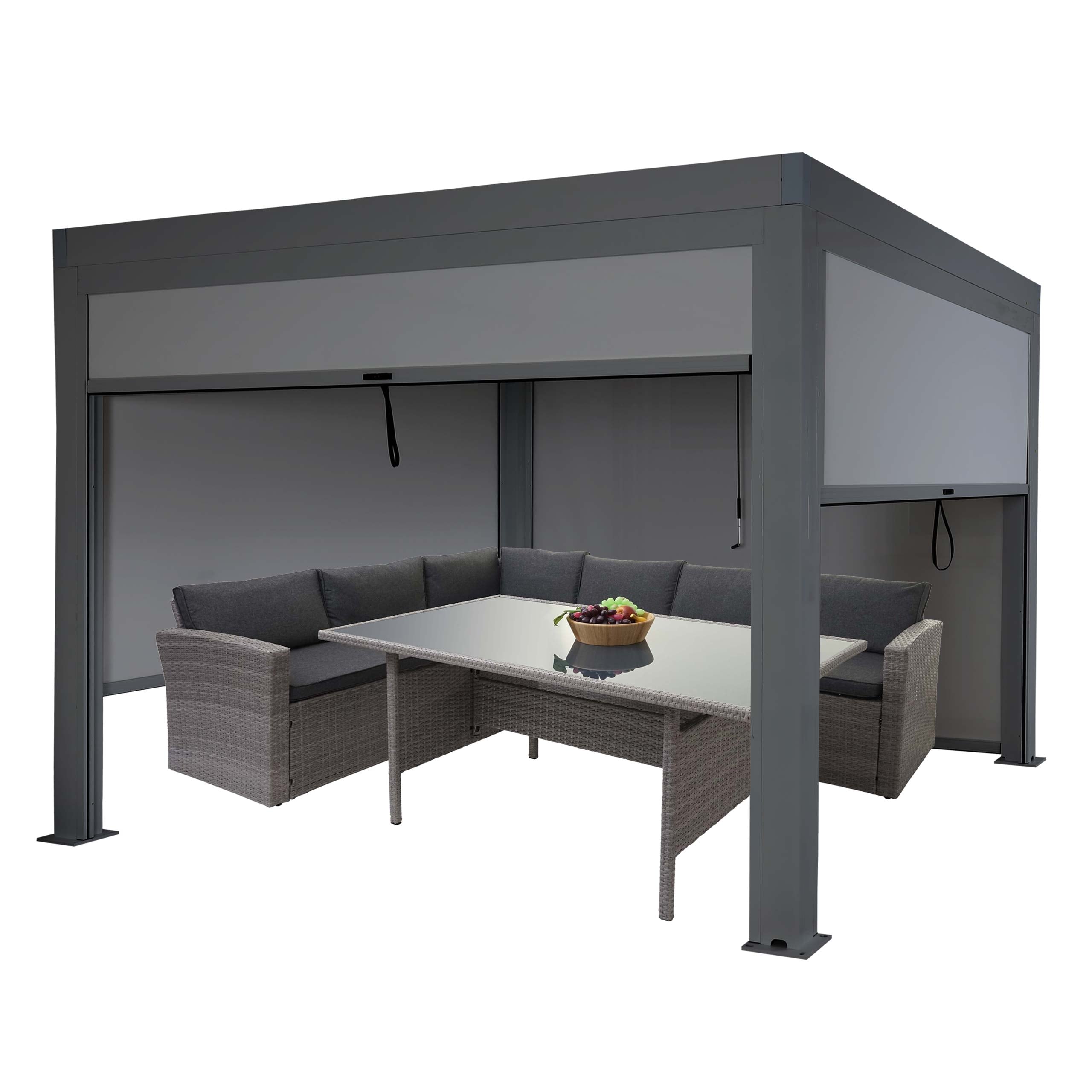 Pergola MCW-L46 mit Seitenwand, Gartenpavillon Lamellen-Pavillon Rollo, 10cm-Alu-Gestell, sturmfest 3x3m ~ anthrazit - Bild 1