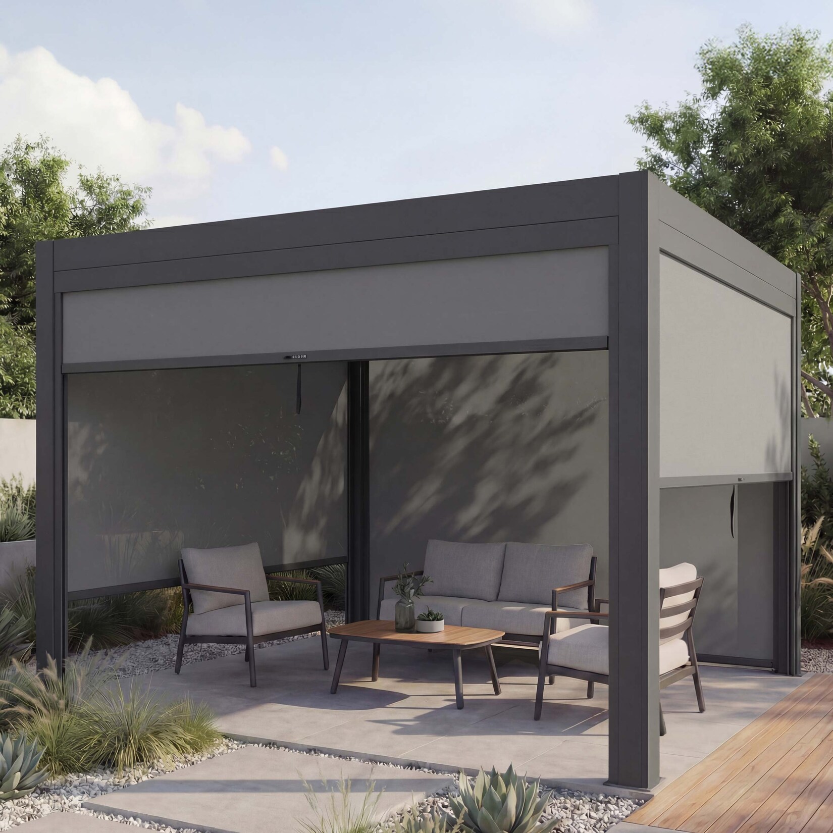 Pergola MCW-L46 mit Seitenwand, Lamellen-Pavillon Rollo, 10cm-Alu-Gestell, sturmfest 3x3m ~ anthrazit