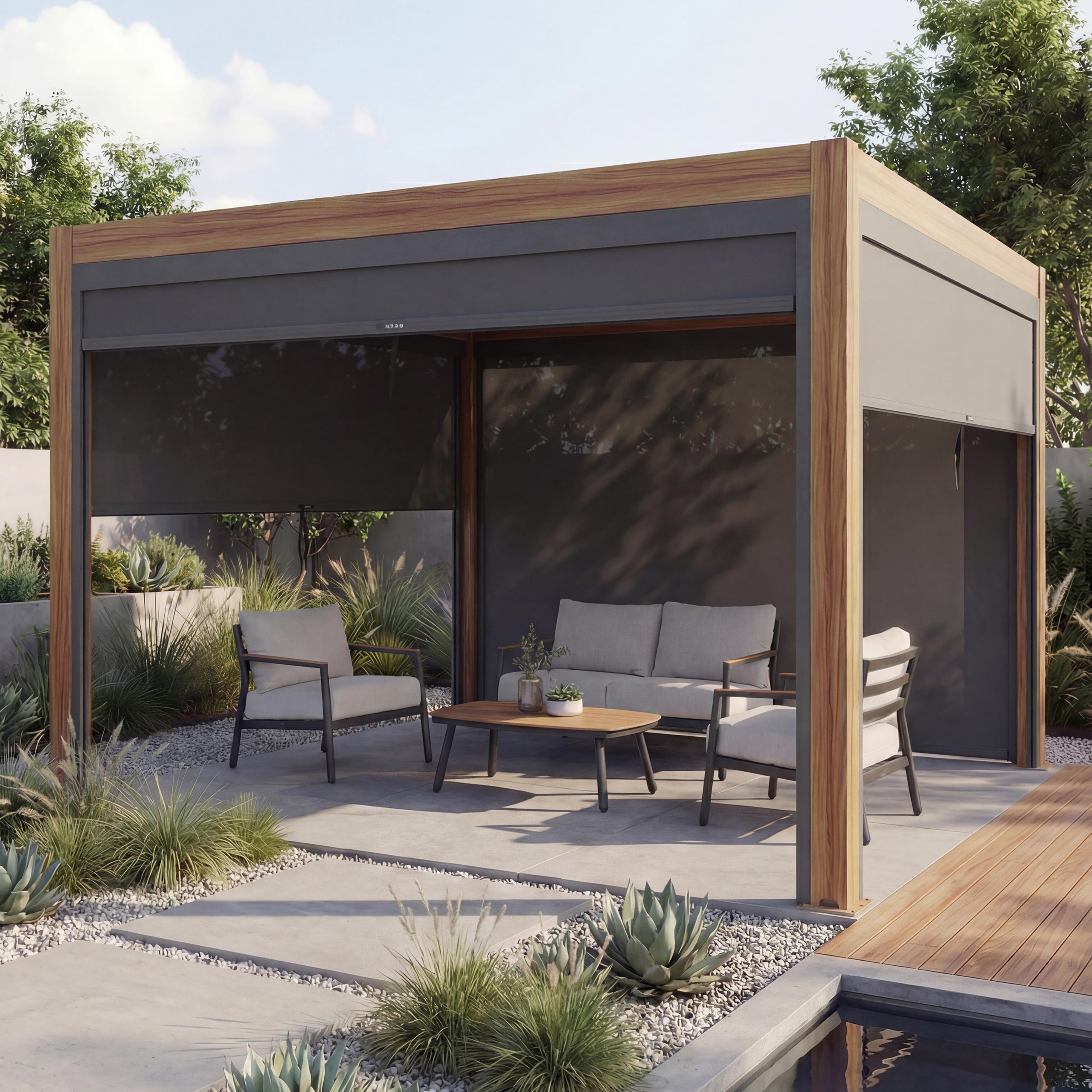 Pergola MCW-L46 mit Seitenwand, Lamellen-Pavillon Rollo, 10cm-Alu-Gestell, sturmfest 3x3m ~ Gestell Holzoptik, anthrazit - Bild 1