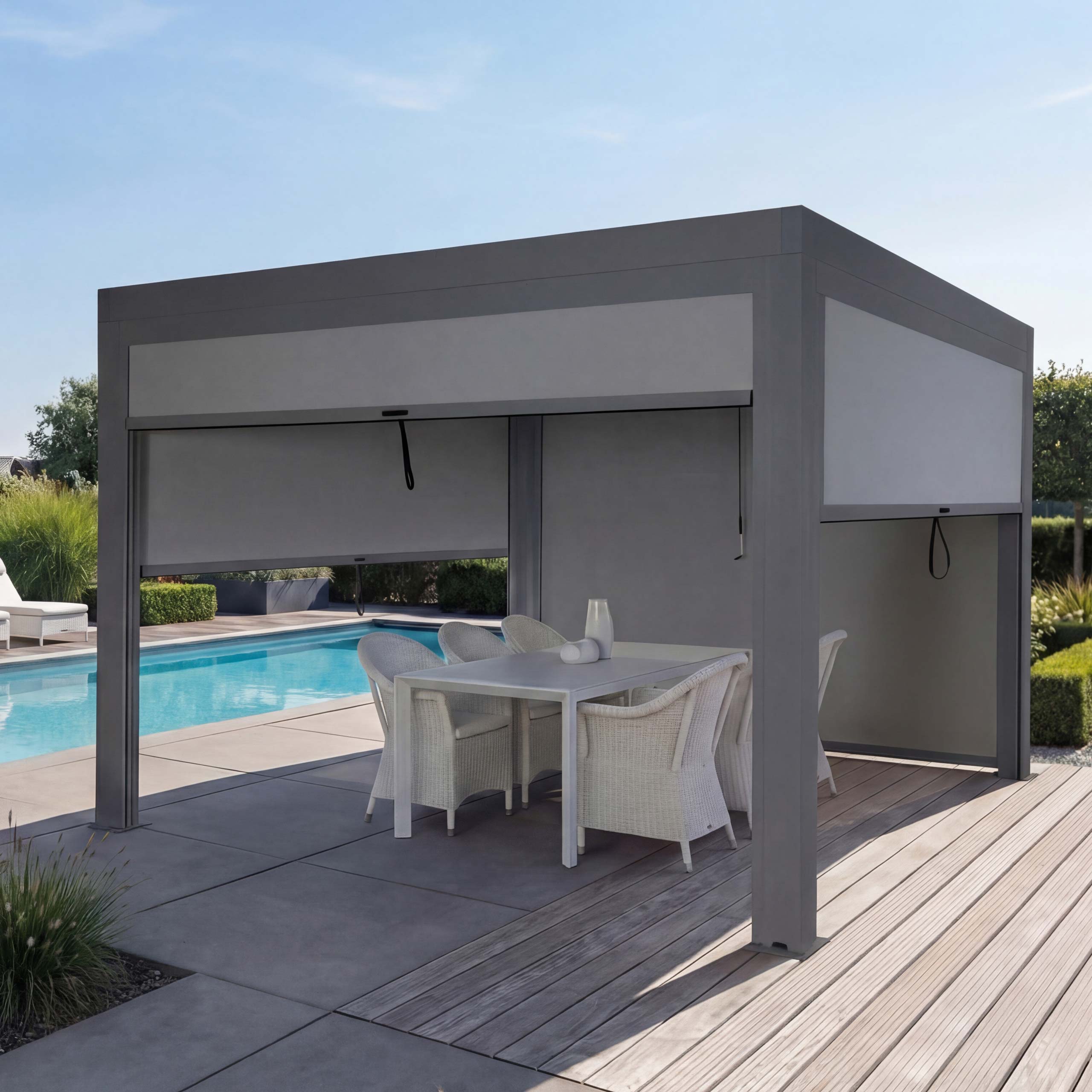 Pergola MCW-L46 mit Seitenwand, Gartenpavillon Lamellen-Pavillon Rollo, 11cm-Alu-Gestell, sturmfest 3x4m ~ anthrazit - Bild 1