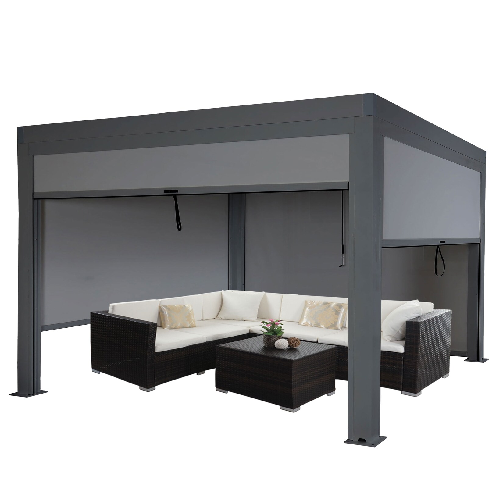 Pergola MCW-L46 mit Seitenwand, Gartenpavillon Lamellen-Pavillon Rollo, 11cm-Alu-Gestell, sturmfest 3x4m ~ anthrazit | 04057651568423