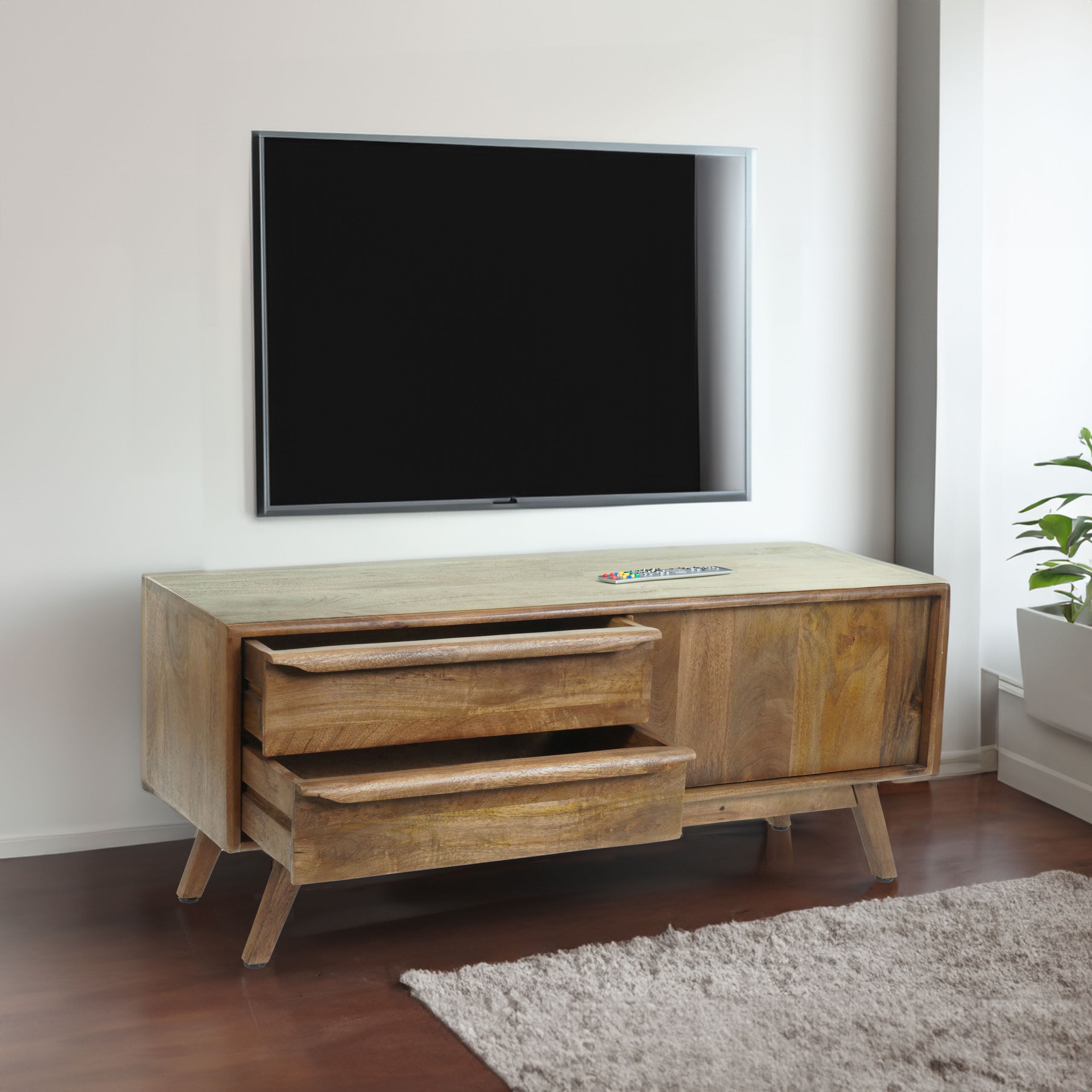 TV-Rack MCW-L96, Fernsehtisch Lowboard Kommode Schrank, Schubladen Massiv-Holz Mango 46x110x35cm MVG-zertifiziert - Bild 1