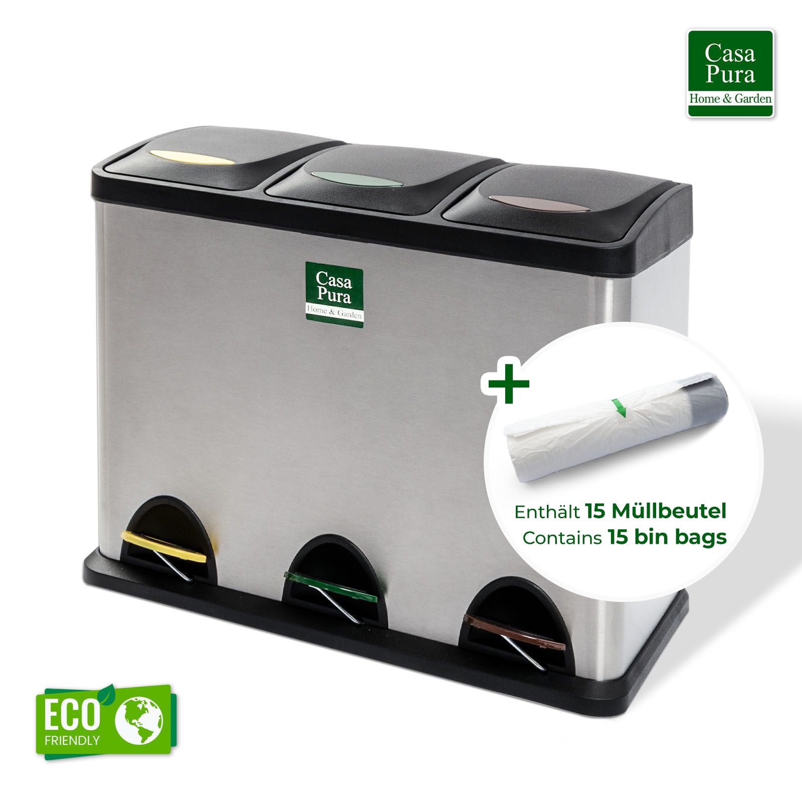 Casa Pura M&uuml;lleimer | Brandon | Trennsystem | 3 Kammern | Inkl. Rolle M&uuml;llbeutel - Bild 1