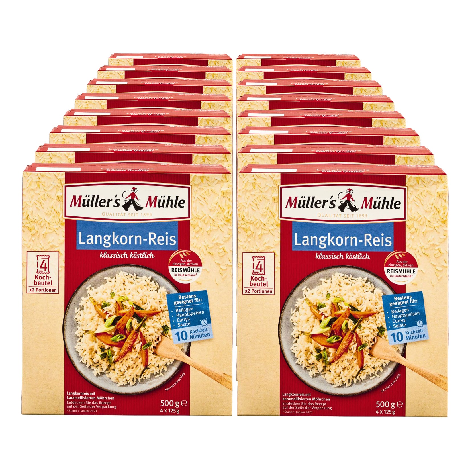 M&uuml;ller's M&uuml;hle Langkornreis Parboiled 500 g, 16er Pack - Bild 1