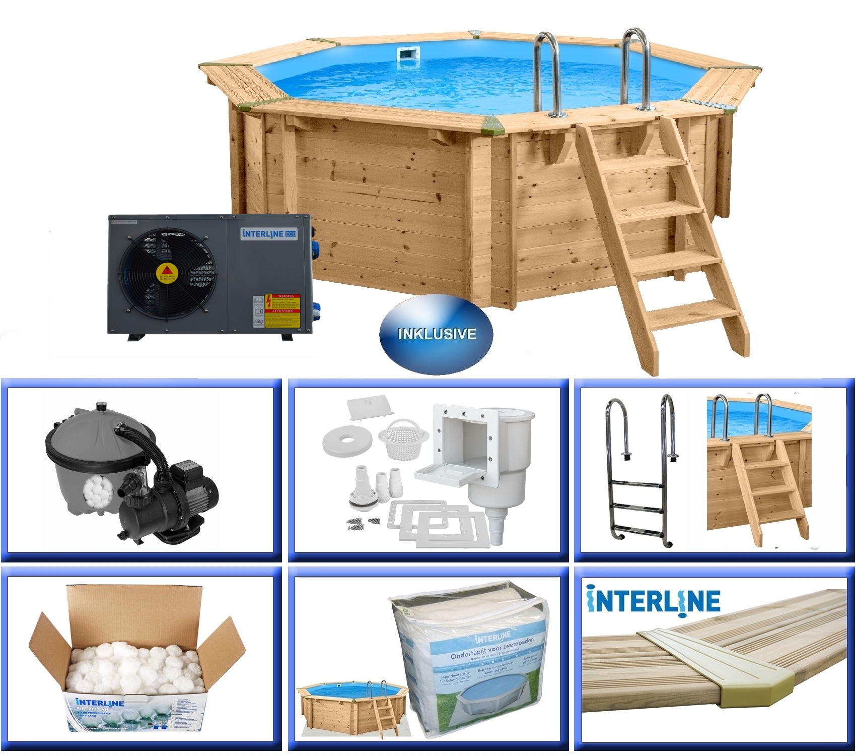 Interline Holzpool Java W&auml;rmepumpen Set &oslash; 3,55 m/ 1,16m + W&auml;rmepumpe 3,0KW im Set - Bild 1