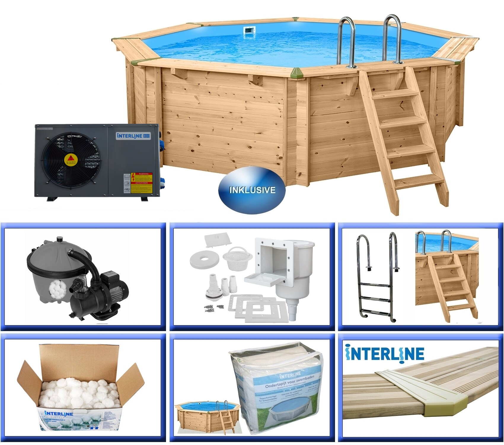 Interline Holzpool Java W&auml;rmepumpen Set &oslash; 4,40 m/ 1,36m W&auml;rmepumpe 3,0KW Set - Bild 1