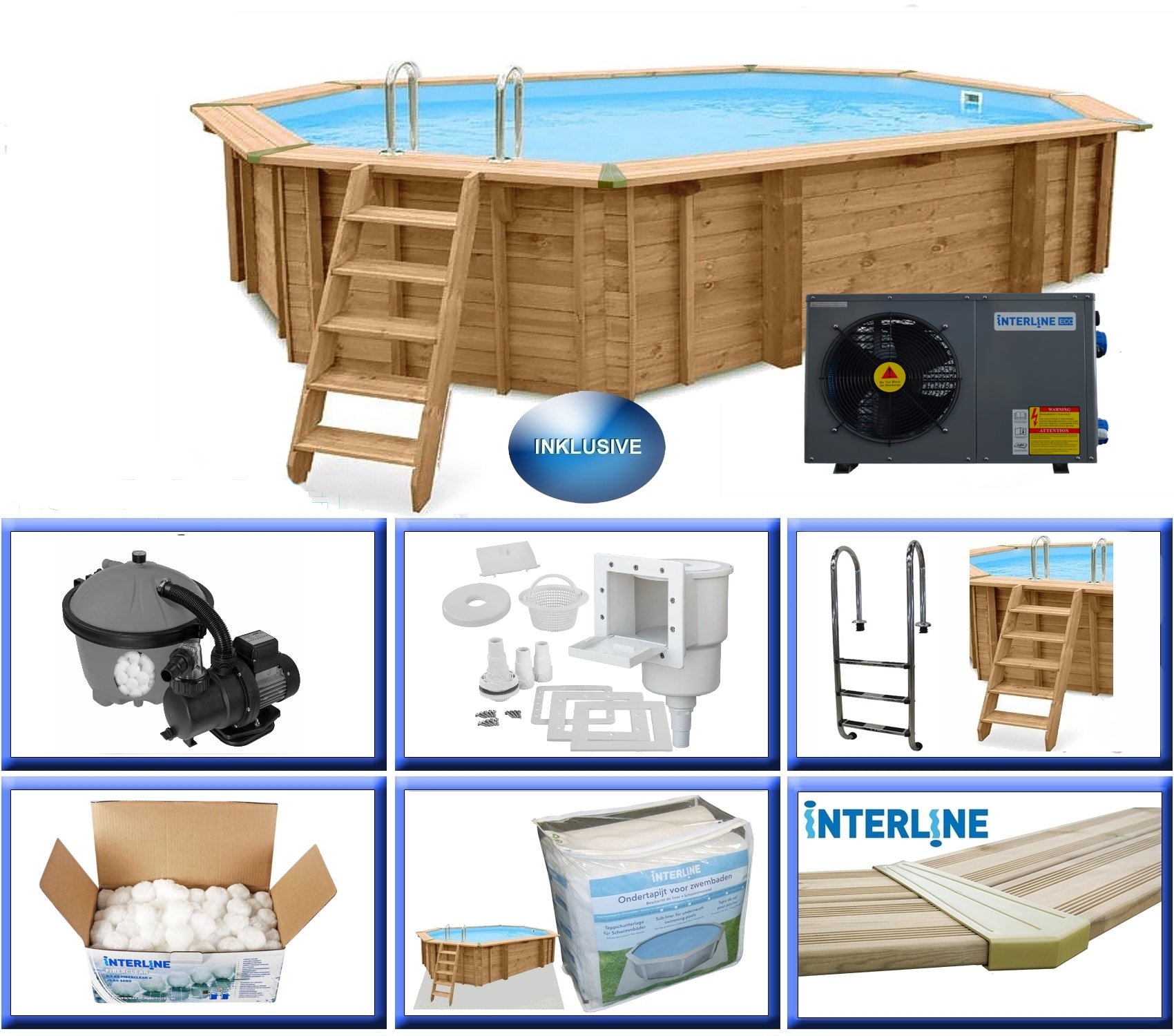 Interline Holzpool Java W&auml;rmepumpen Set &oslash; 6,40x4,00m/1,38m W&auml;rmepumpe 4,5KW Set - Bild 1