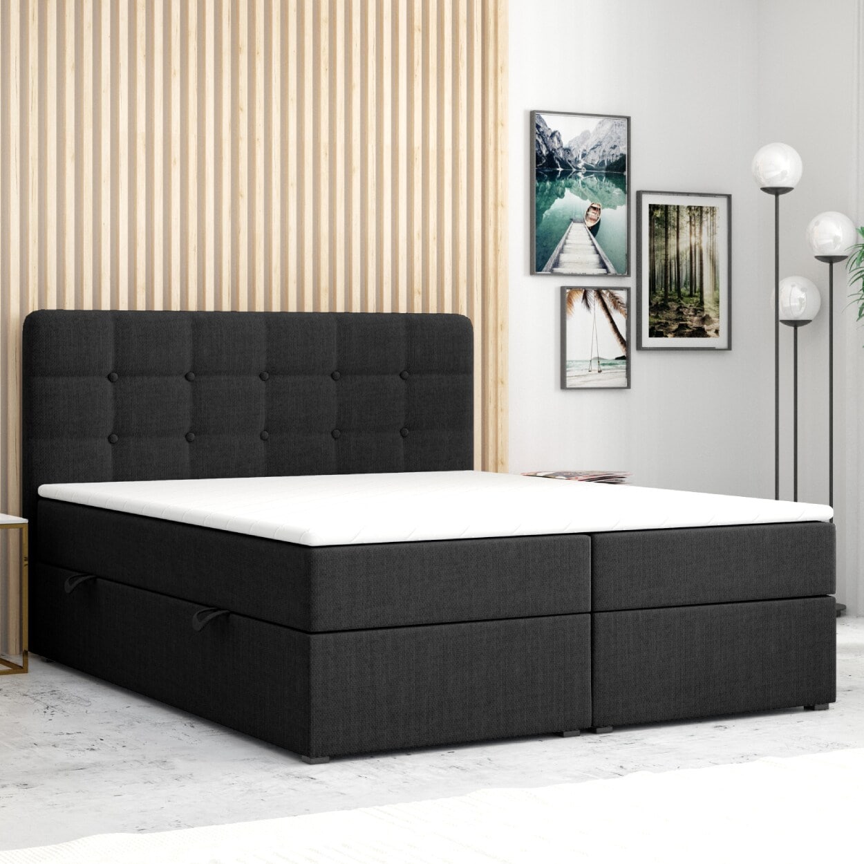 M-Punkt  Boxspringbett Prag inkl. VISCO Topper (180 x 200 cm) mit Bettkasten Chesterfield - Schwarz - Bild 1