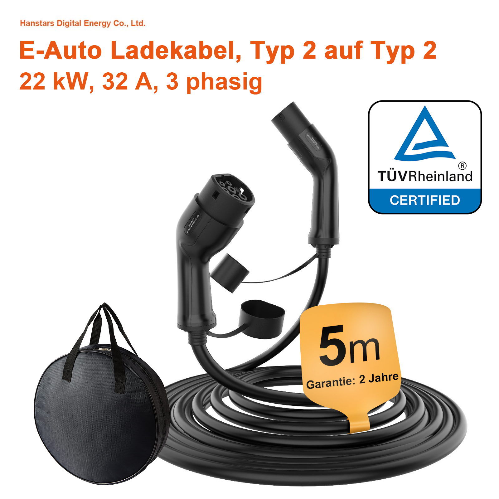 HANSTARS EV-Ladekabel, Typ 2 auf Typ 2, 3-Phasig 32A 5 Meter 22 kW mit Tasche - Bild 1