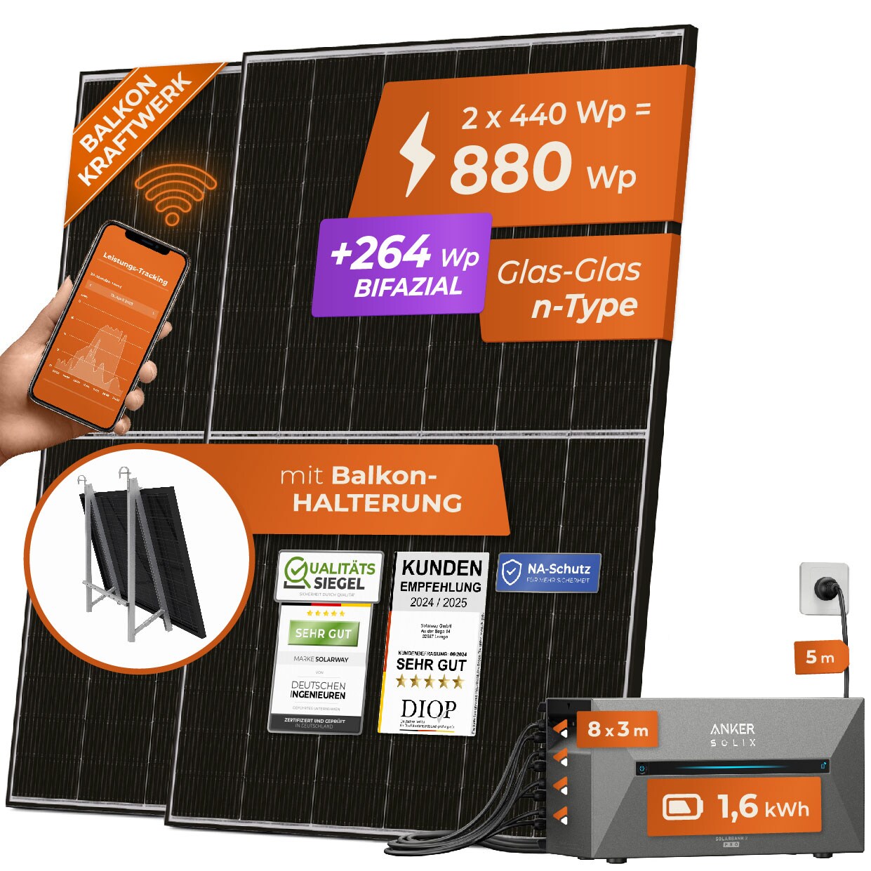 Solarway All In One 880W Balkonkraftwerk komplett Solarpaket mit 1,6 kWh Anker Solix 2 PRO Speicher, Plug&Play | 04262403072350