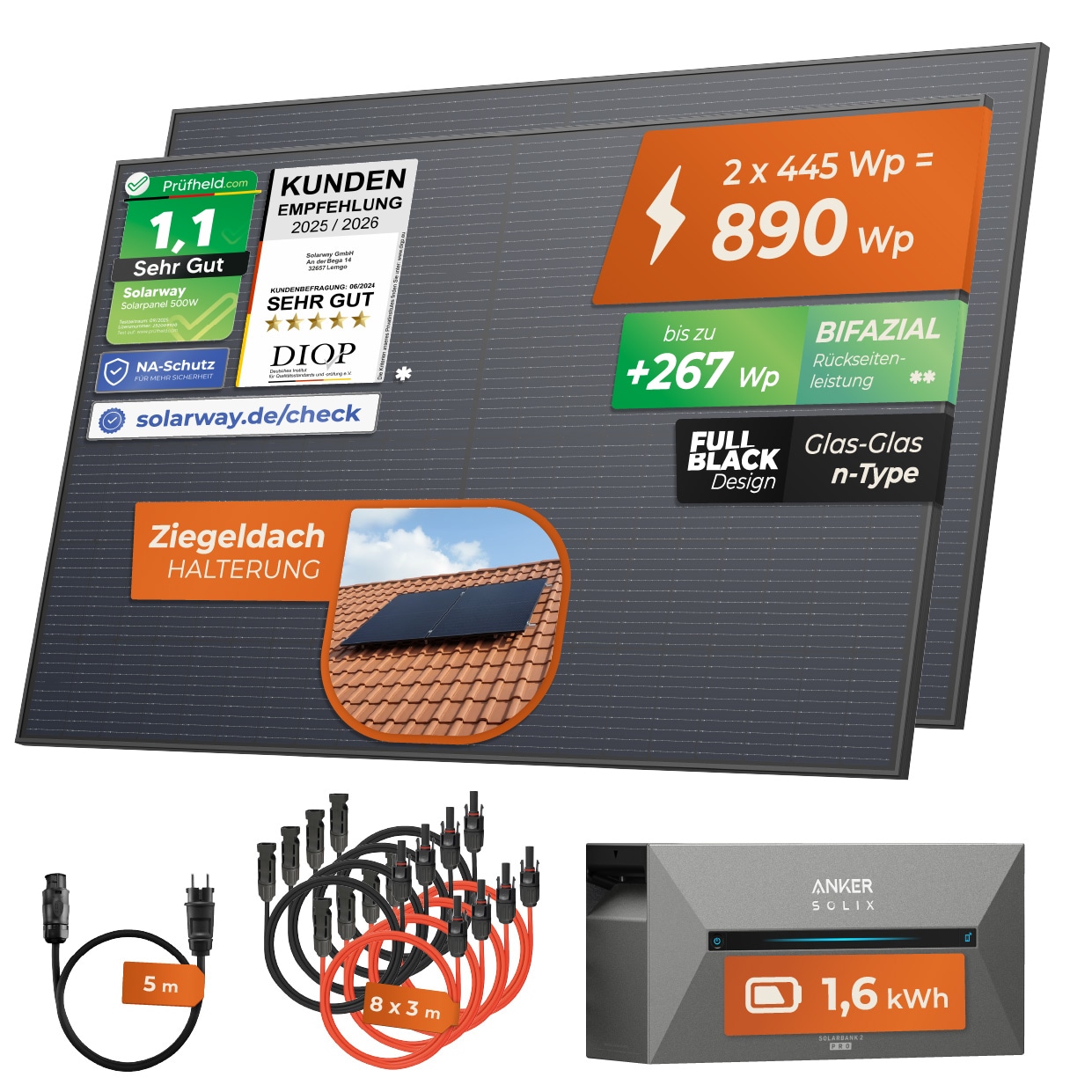 Solarway&reg; All In One Balkonkraftwerk mit Speicher 890W komplett Steckdose - 1,6 kWh Anker Solix 2 PRO Speicher - Solaranlage Komplettset - 445W bifaziale Solarmodule & Anker Speicher & Zubeh&ouml;r - Bild 1