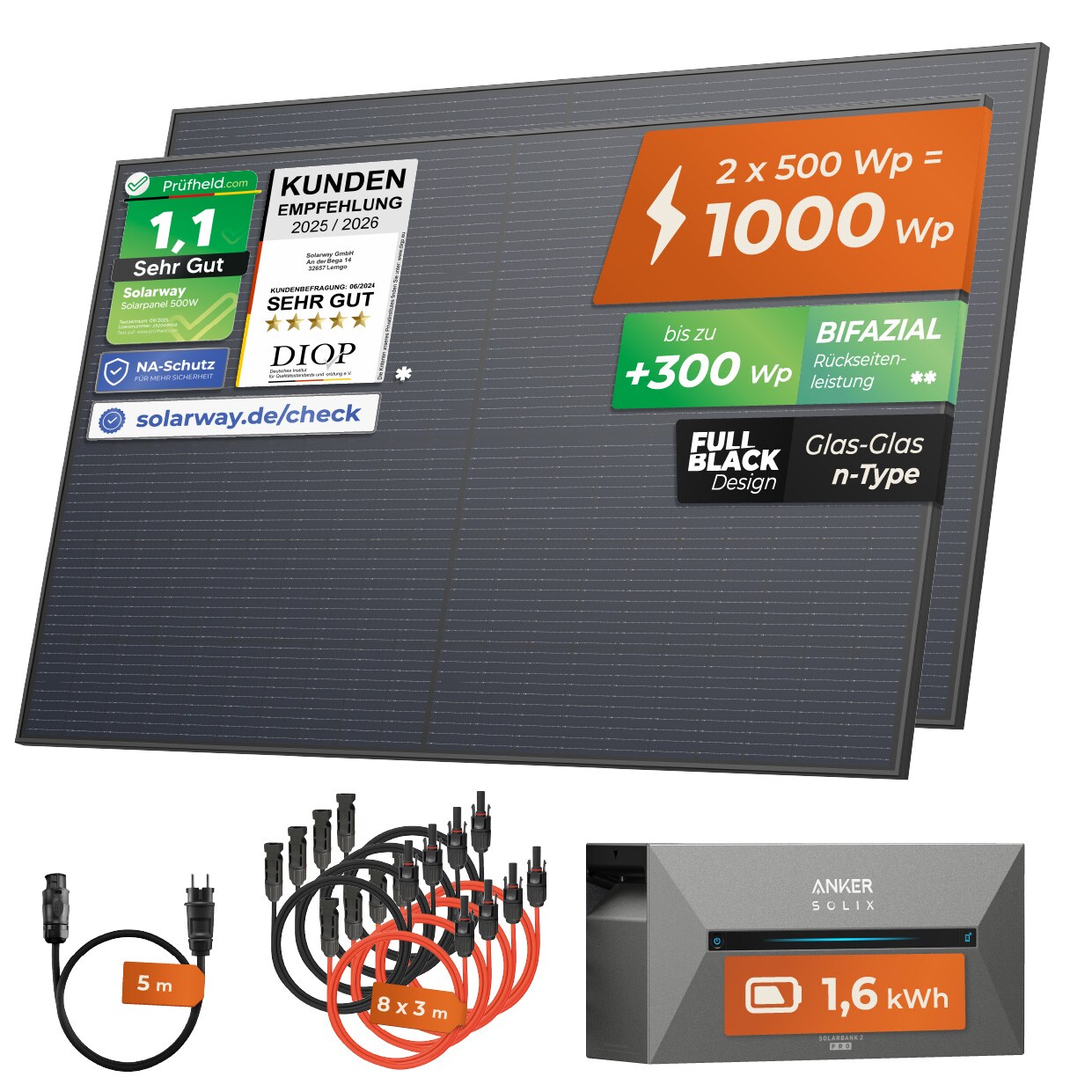 Solarway® All In One Balkonkraftwerk mit Speicher 1000W komplett Steckdose – 1,6 kWh Anker Solix 2 PRO Speicher – Solaranlage Komplettset – 500W bifaziale Solarmodule & Anker Speicher & Zubehör