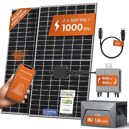 Solarway 1000W Balkonkraftwerk mit Speicher 1,6kWh Anker - 600/800W Ausgang einstellbar - 2 x 500W JaSolar APP&WiFi - Plug&Play - Bild 1