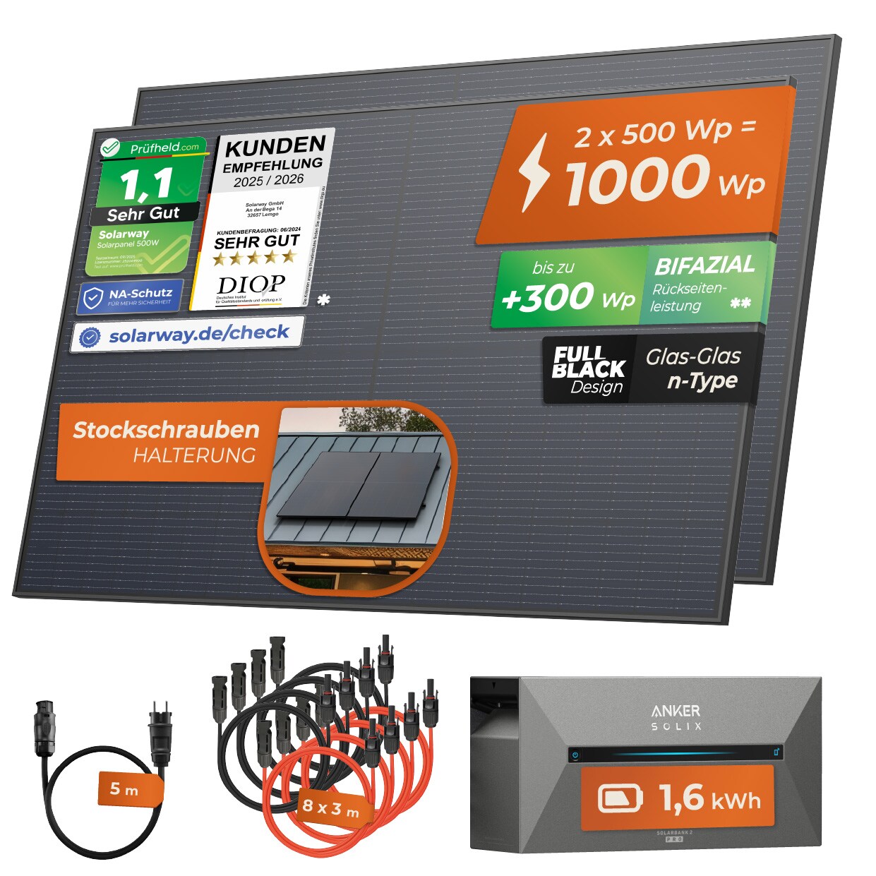 Solarway® All In One Balkonkraftwerk mit Speicher 1000W komplett Steckdose - 1,6 kWh Anker Solix 2 PRO Speicher - Solaranlage Komplettset - …