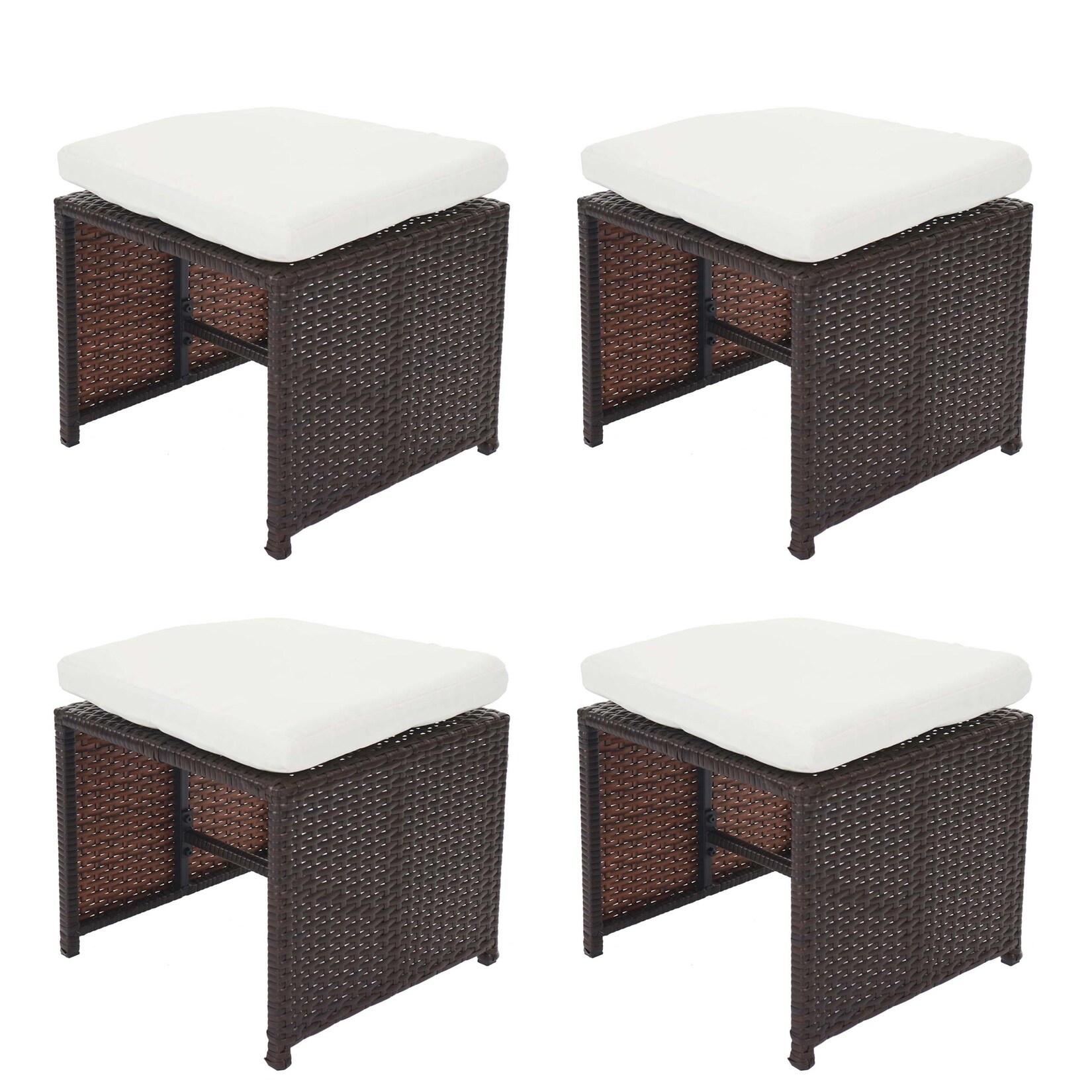 4er-Set Poly-Rattan Hocker Korfu, Gartenhocker Sitzhocker ~ braun, Kissen creme | 04057651628981
