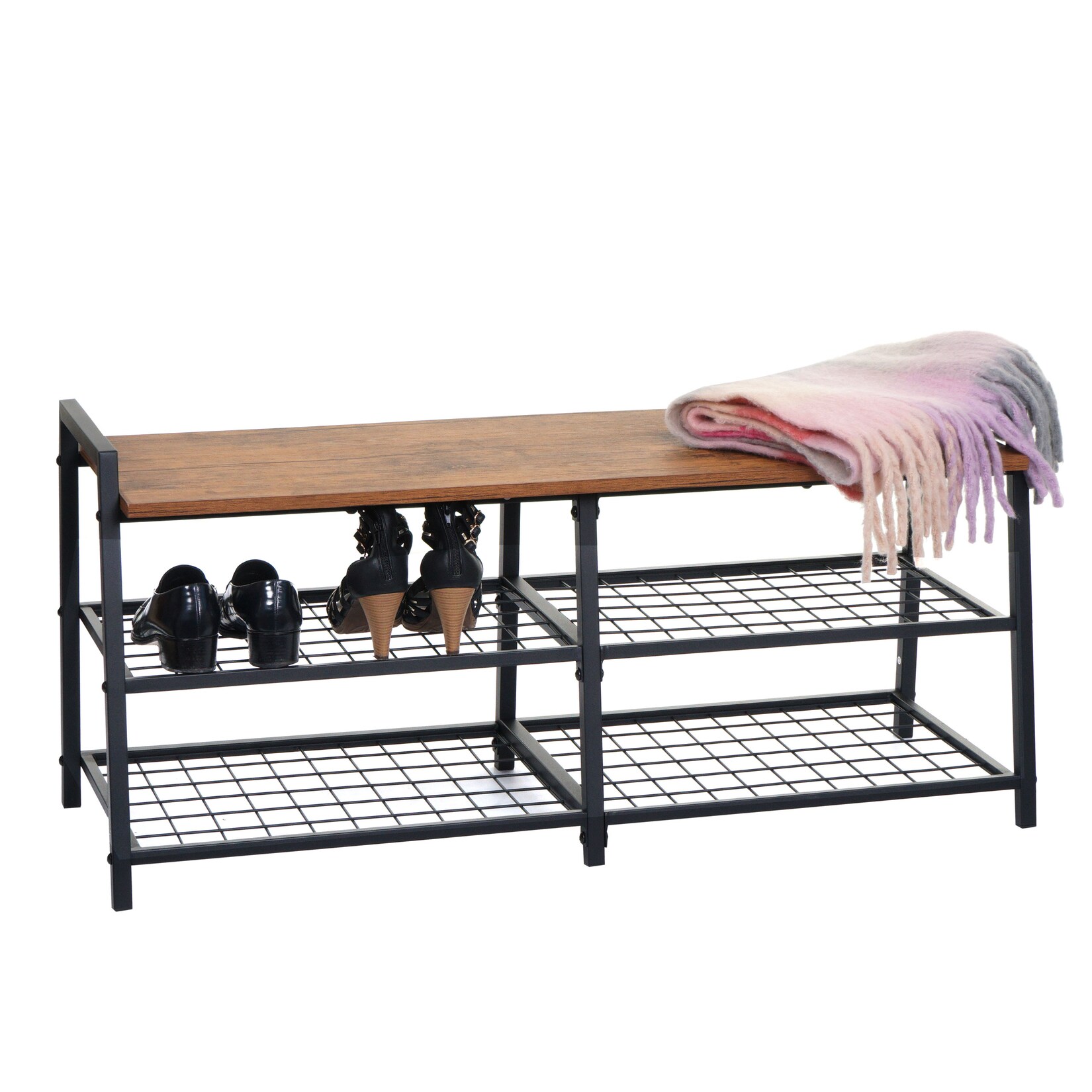 Schuhregal MCW-A27, Schuhschrank Schuhablage Sitzbank, 4 Fächer Metall 3D-Struktur 40x107x38cm, Wildeiche-Optik | 04057651633282