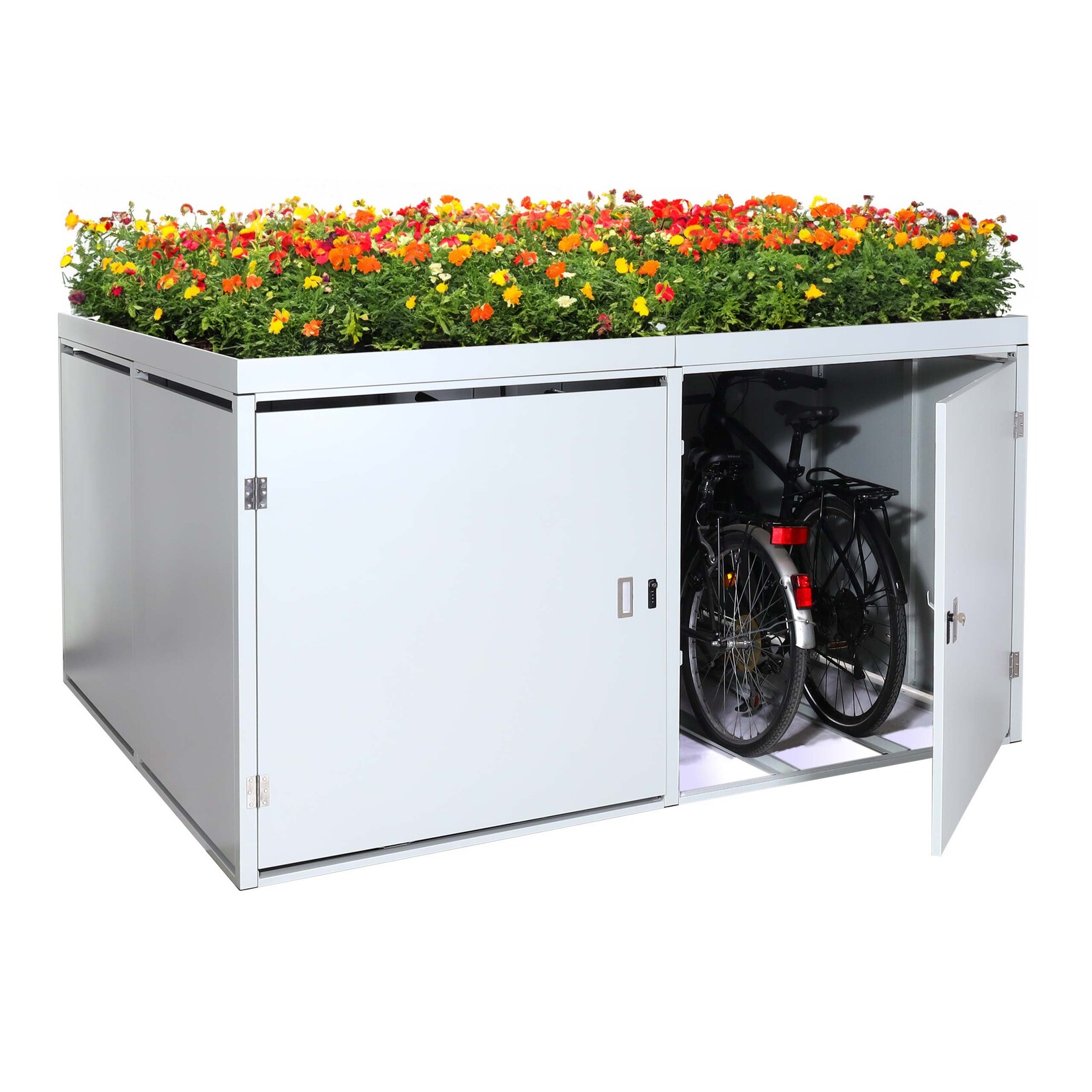 4er-Fahrradgarage mit Pflanzkasten MCW-L56b, Fahrradbox, abschließbar verzinkter Stahl 126x220x210cm ~ hellgrau | 04057651831442
