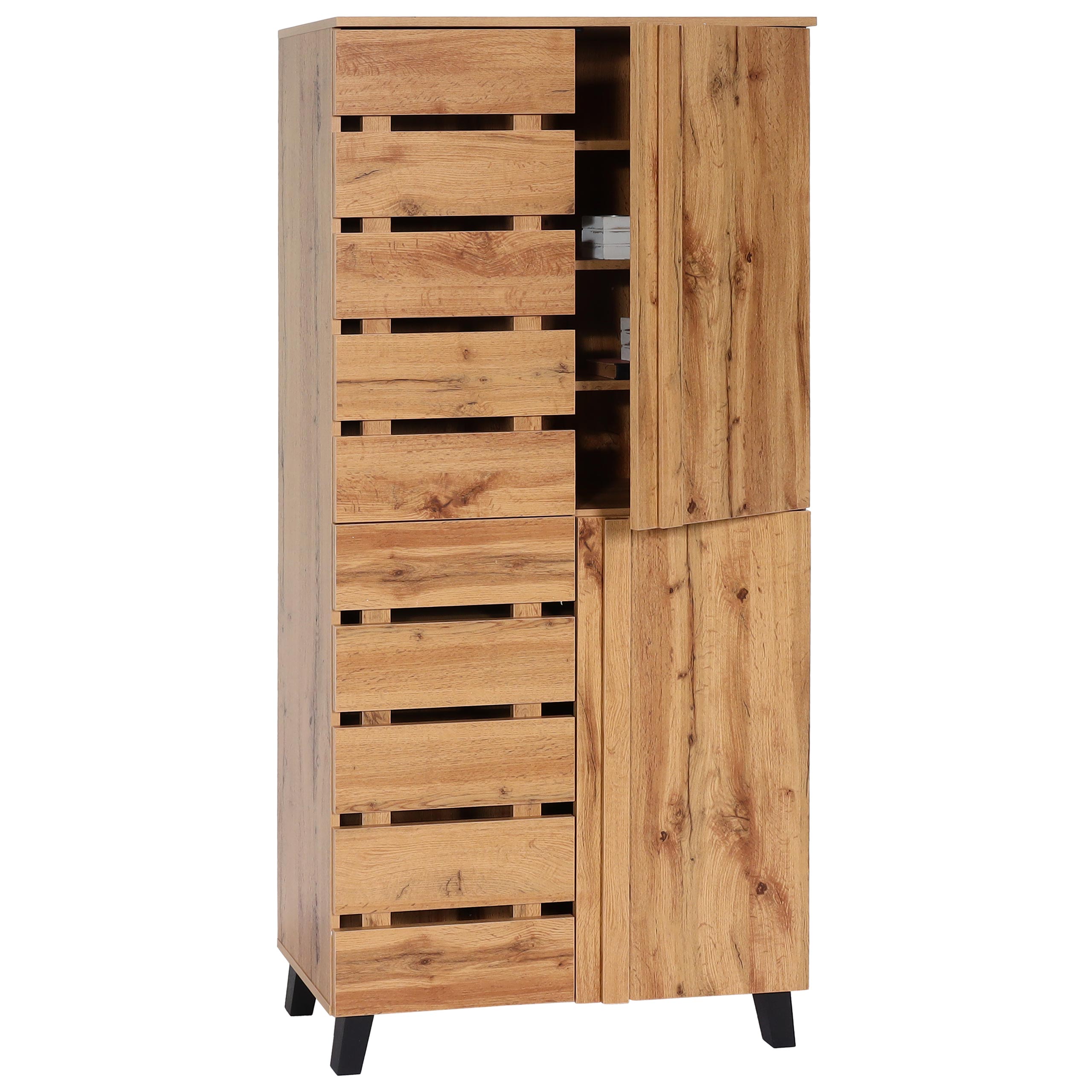 Schrank MCW-M46, Highboard Regalschrank Garderobenschrank Hochschrank, 4 T&uuml;ren 8 Stauf&auml;cher, 162x80x32cm, naturfarben - Bild 1