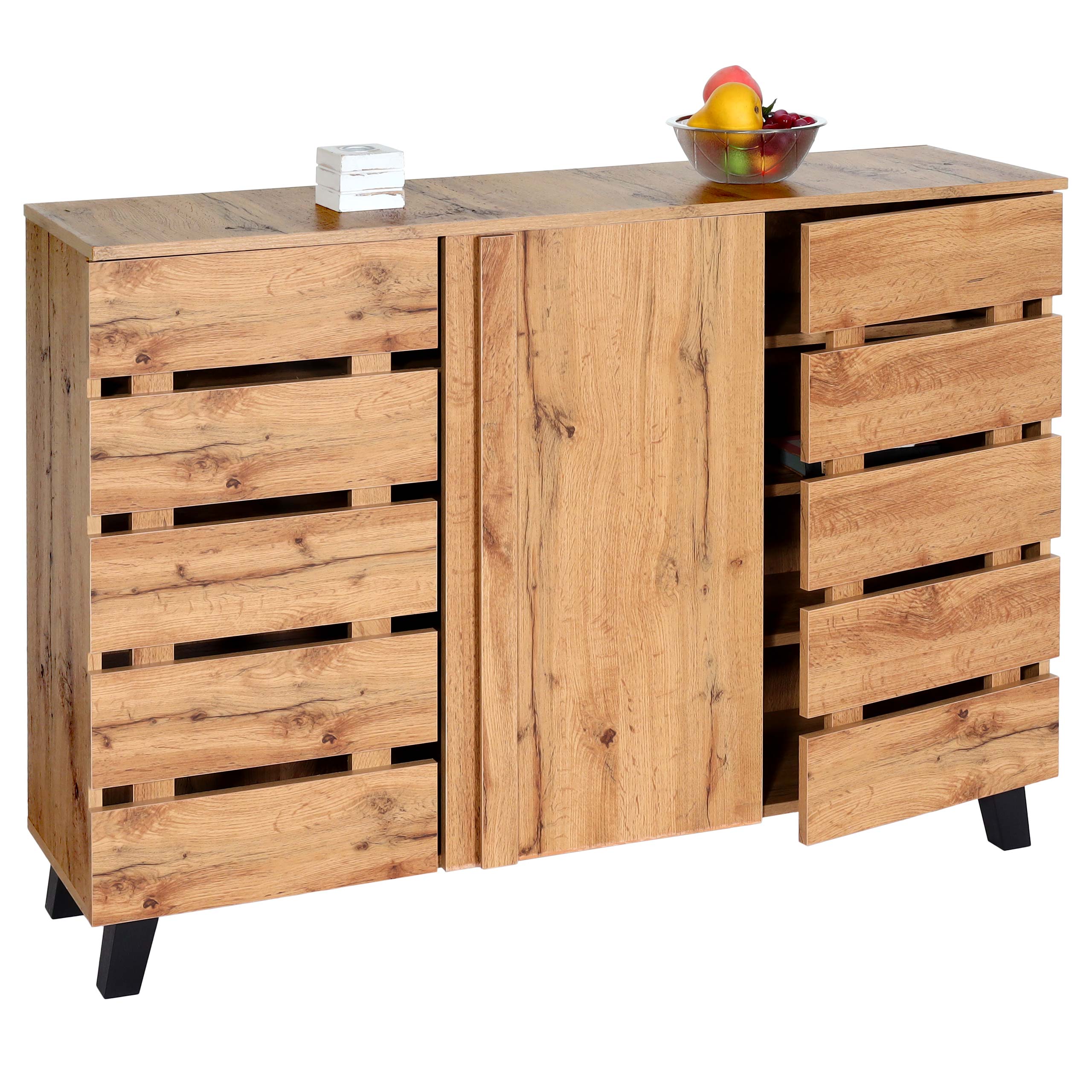 Sideboard MCW-M46, Kommode Schrank Anrichte, 3 T&uuml;ren 8 Stauf&auml;cher 88x120x34cm, naturfarben - Bild 1