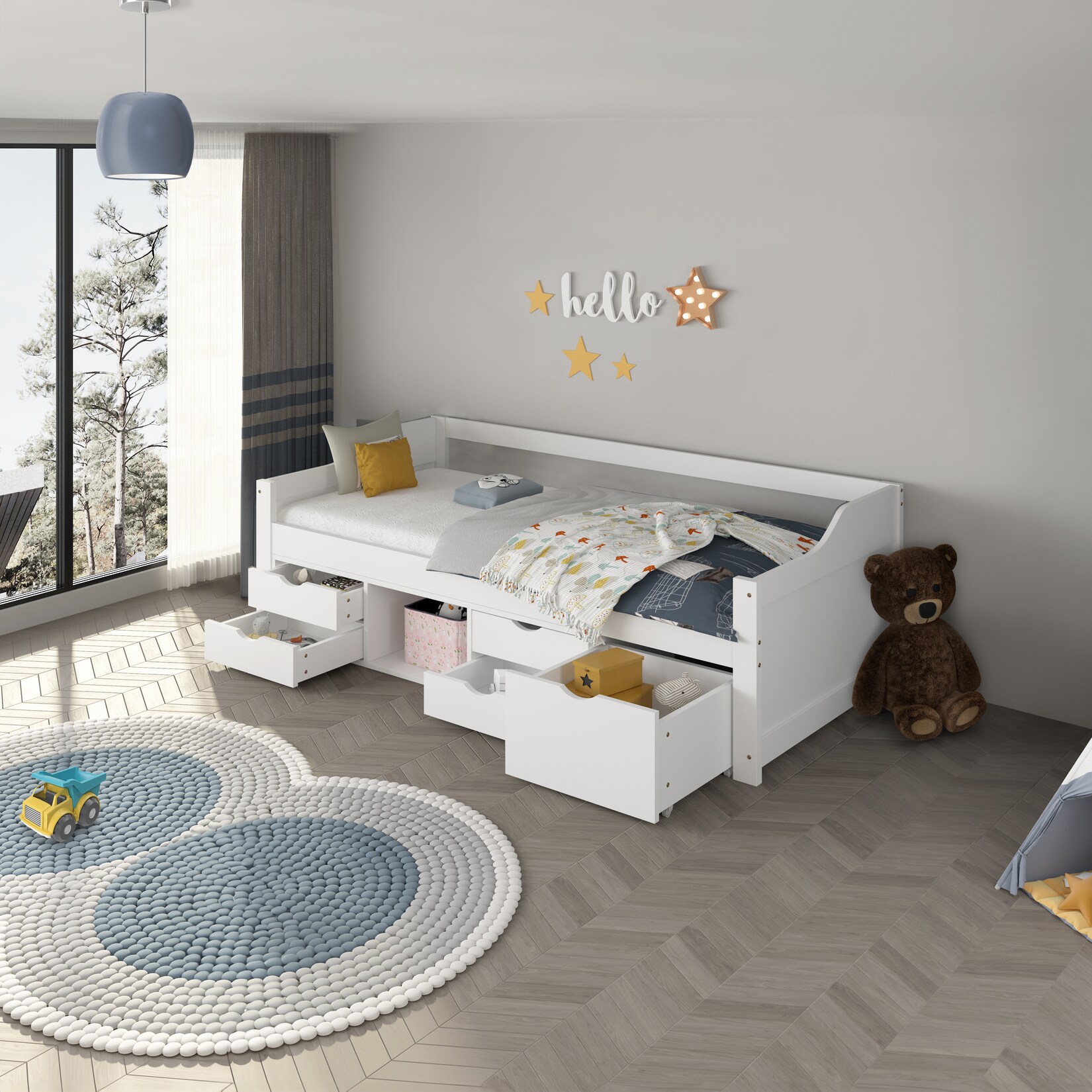 HOME DELUXE Kinderbett COSMOS mit Schubladen und Matratze – 90 x 200 cm Weiß | 04058166269829