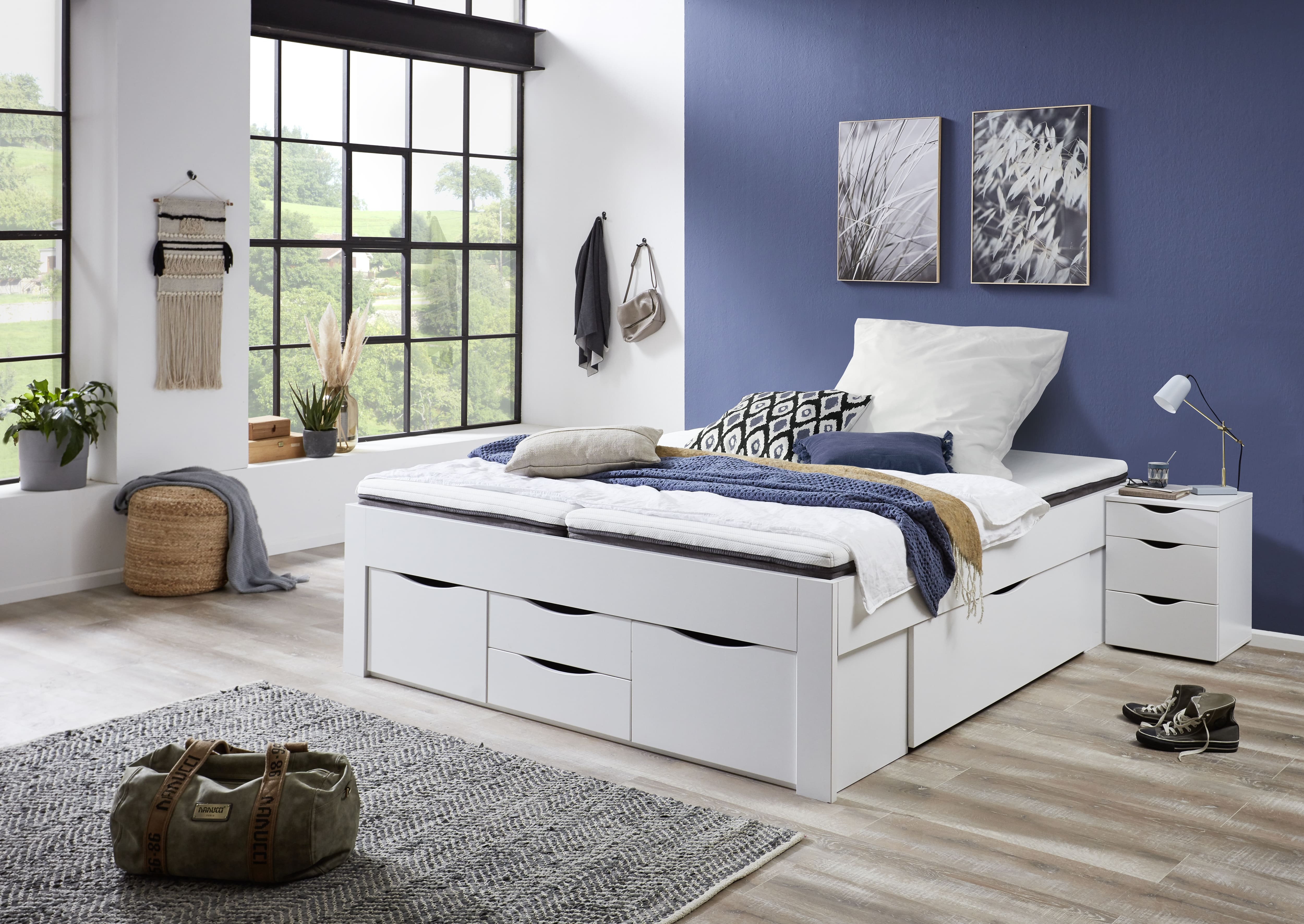 Stauraumbett Noah 180 x 200 cm, ohne Lattenrost mit 6 Bettschubladen, Ausf. Wei&szlig; Dekor - Bild 1