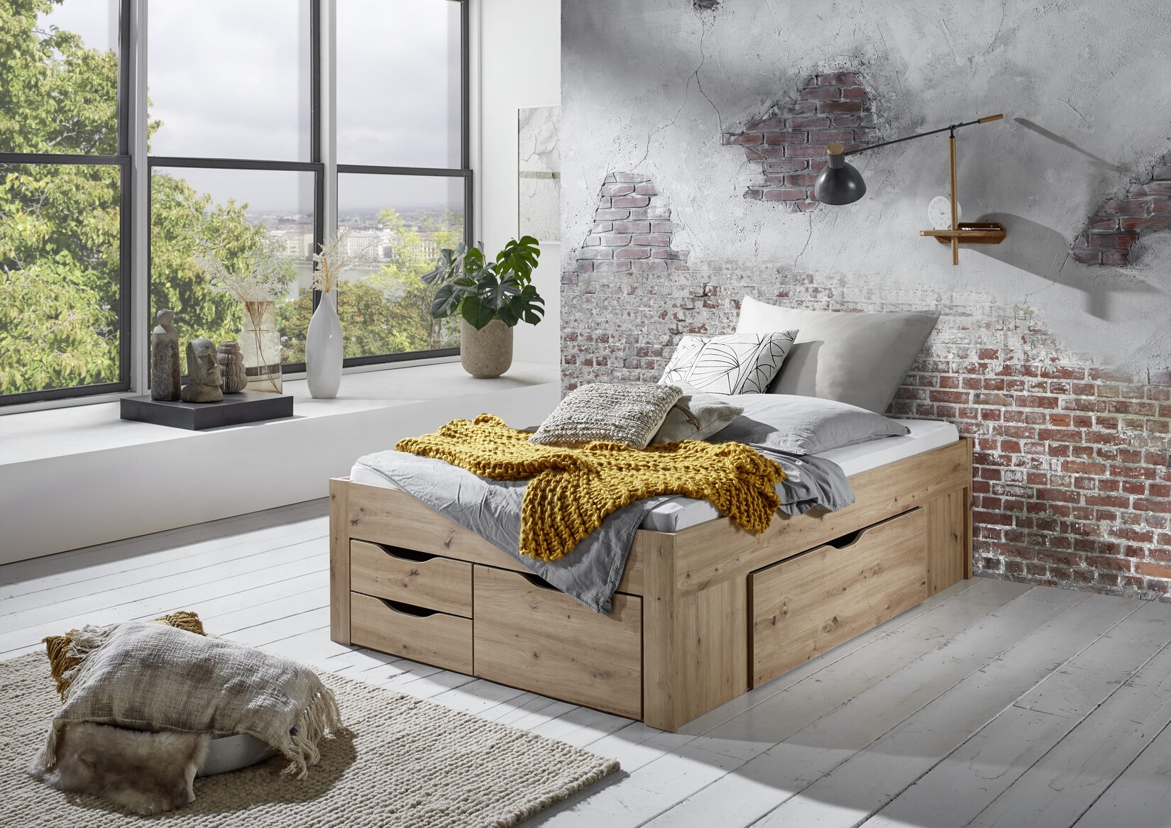 Stauraumbett Noah 140 x 200 cm, ohne Lattenrost mit 5 Bettschubladen, Ausf. Eiche Artisan Dekor | 04250468575954