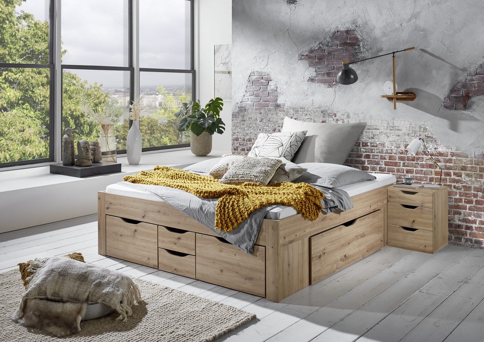 Stauraumbett Noah 180 x 200 cm, ohne Lattenrost mit 6 Bettschubladen, Ausf. Eiche Artisan Dekor | 04250468575961